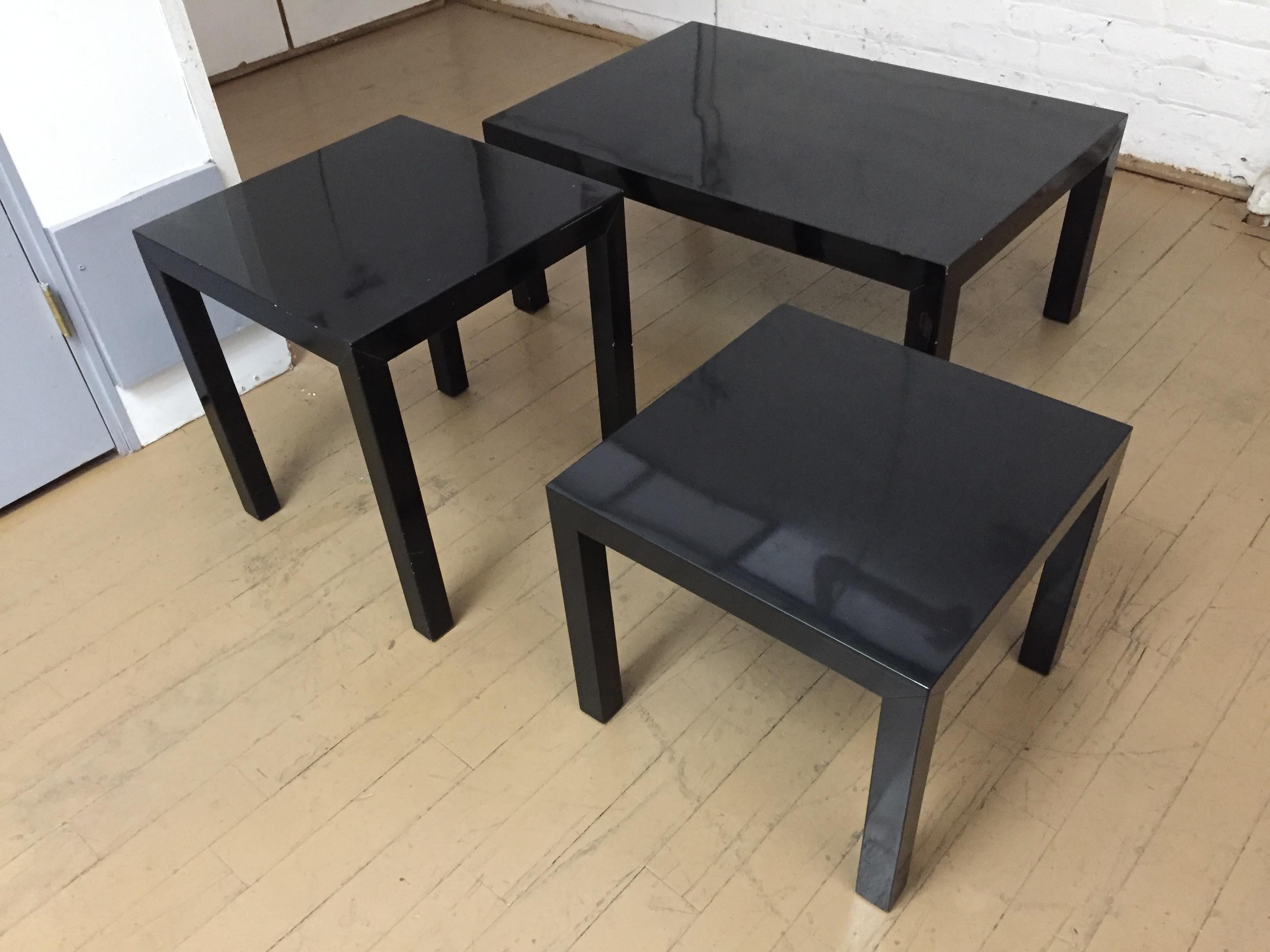 American Mid-century Modern  Black Lacquer Tables / Set of Three For Sale