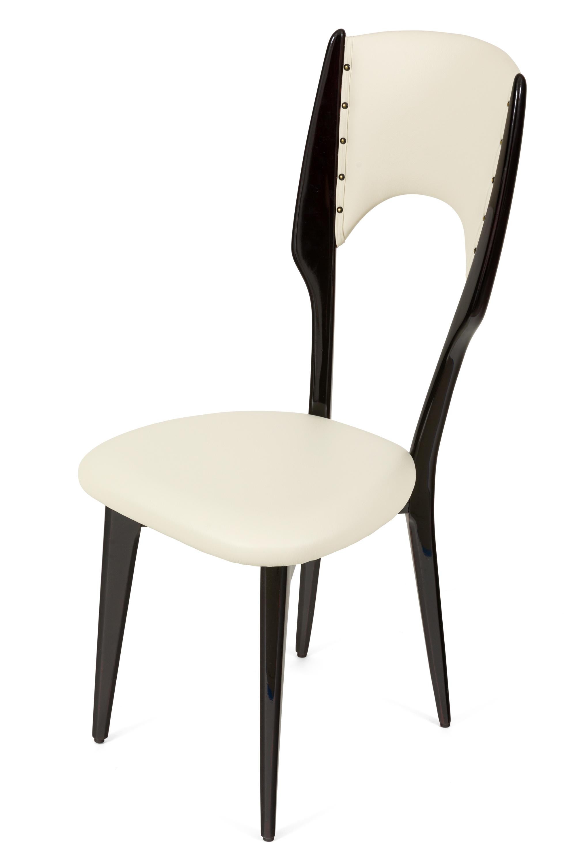 Mid-Century Modern Mid-Century Black Lacquer & White Leather Dining Chairs, Italy 1950s