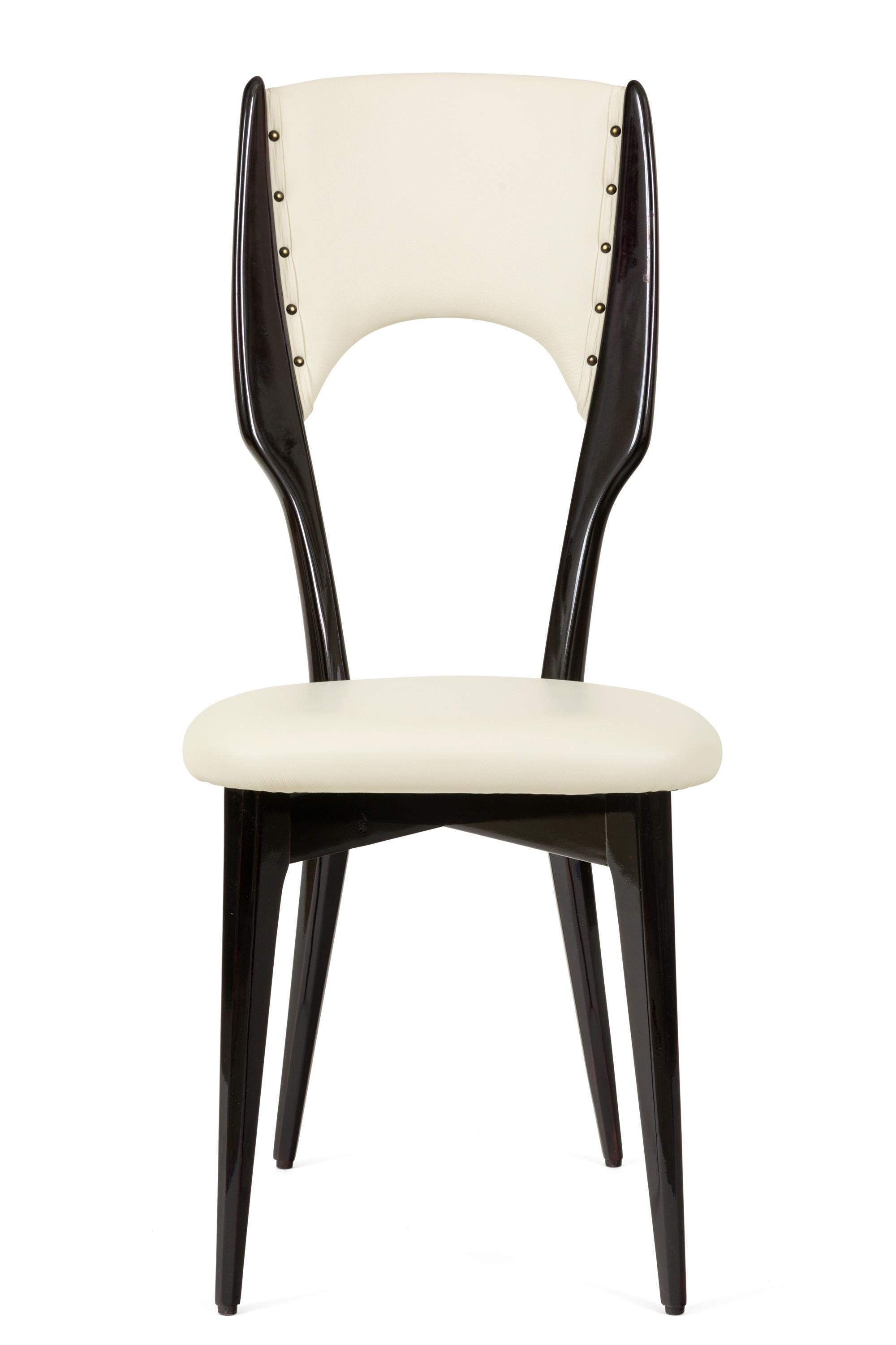 Italian Mid-Century Black Lacquer & White Leather Dining Chairs, Italy 1950s