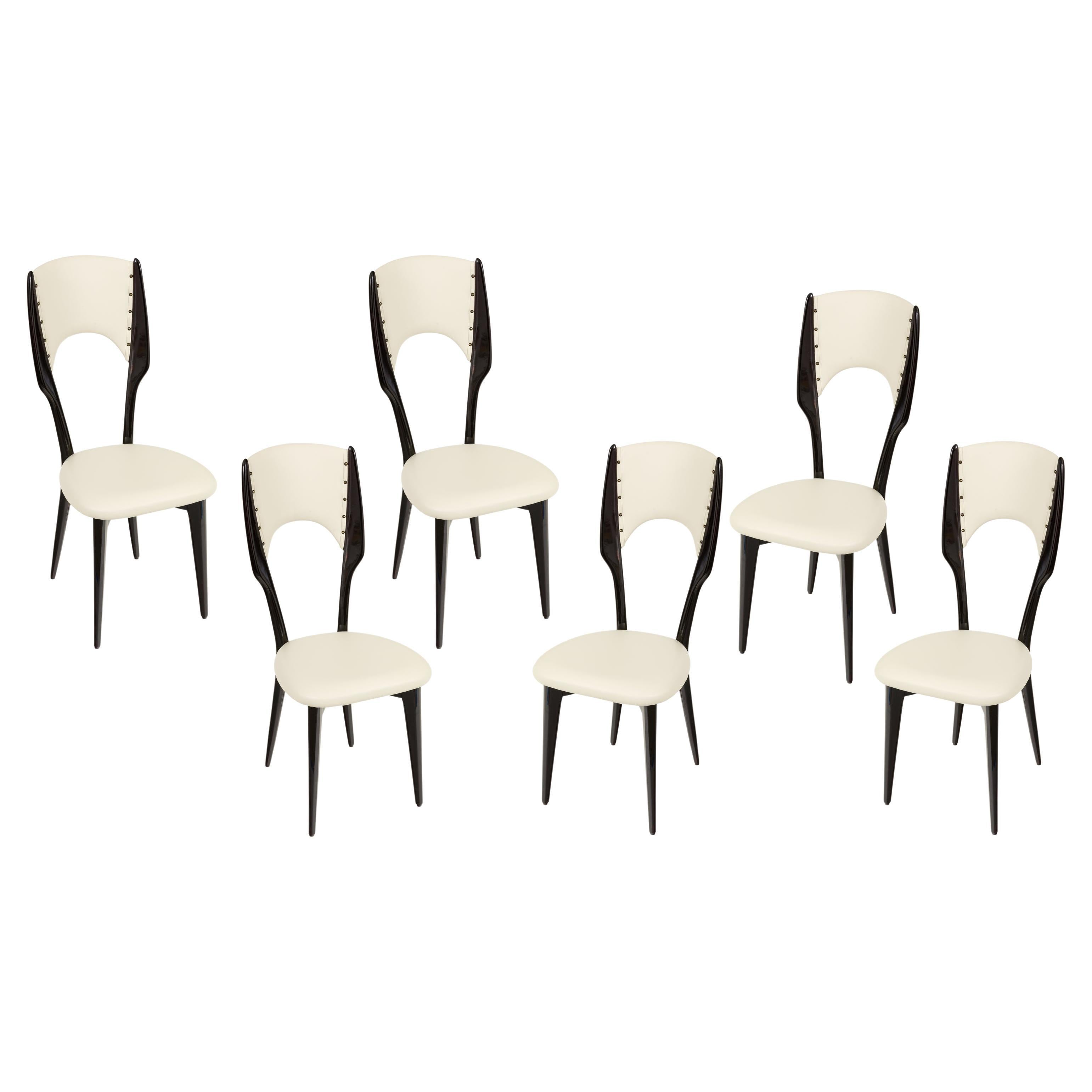 Mid-Century Black Lacquer & White Leather Dining Chairs, Italy 1950s