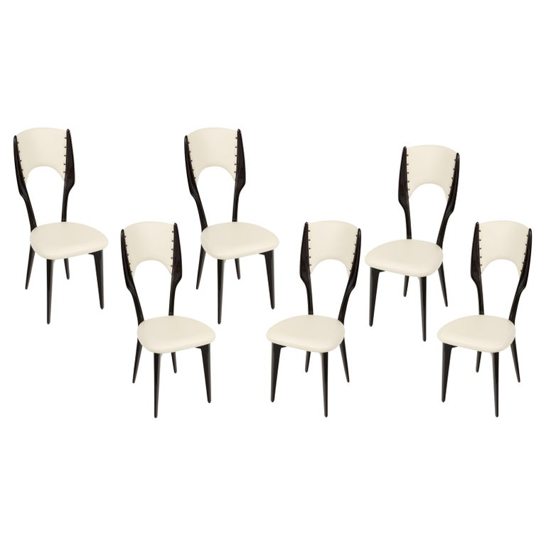 MidCentury Black Lacquer and White Leather Dining Chairs, Italy 1950s For Sale at 1stDibs