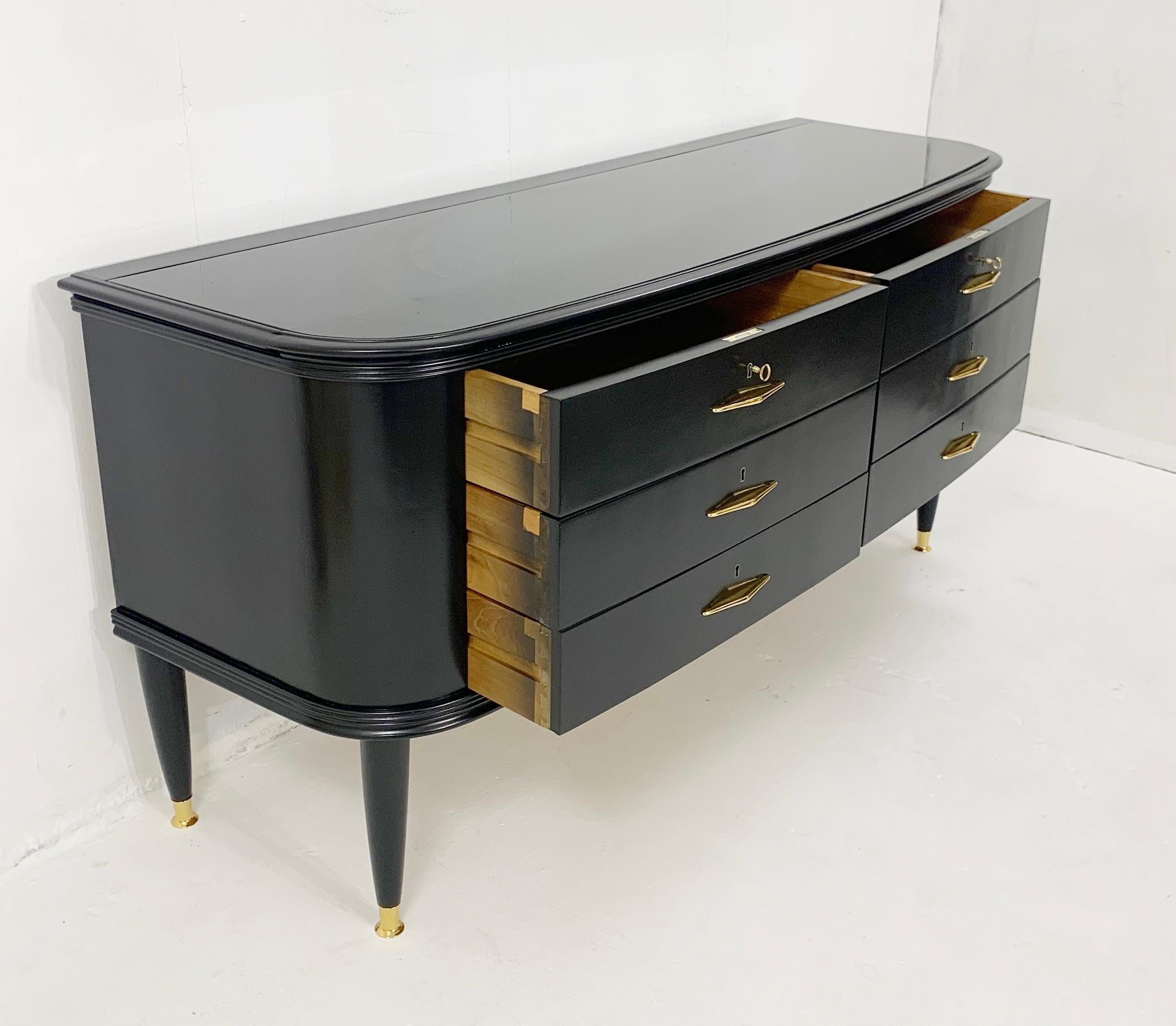 Mid-Century Black Lacquered Chest of Drawers with Glass Top, Italy, 1950s 4