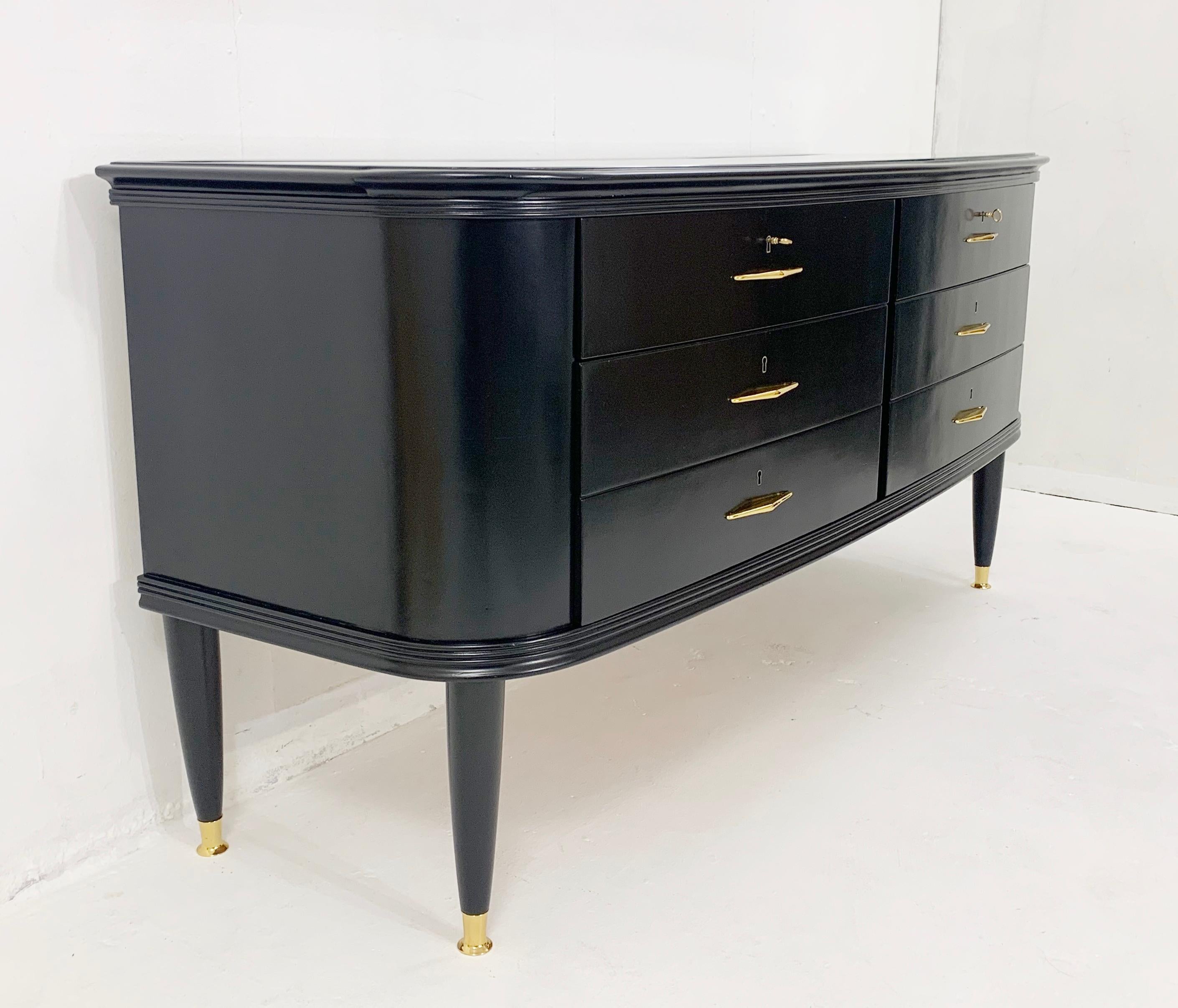 Italian Mid-Century Black Lacquered Chest of Drawers with Glass Top, Italy, 1950s