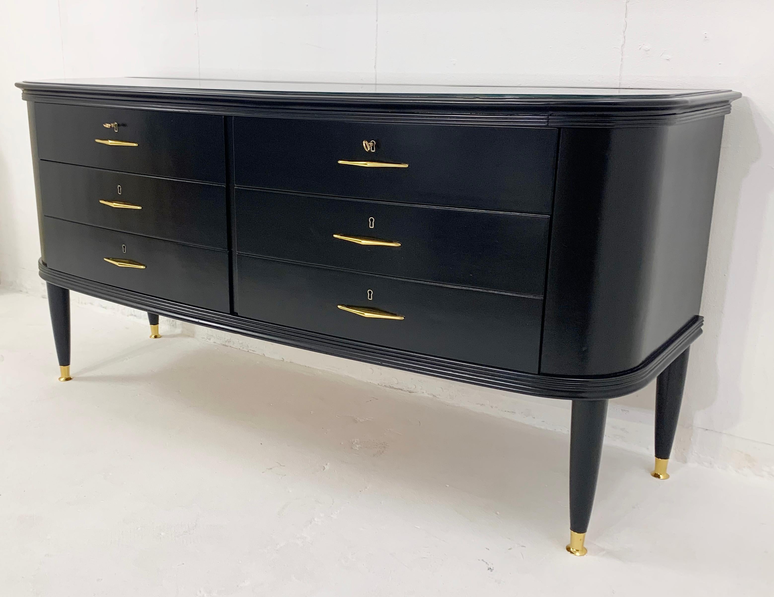 Mid-20th Century Mid-Century Black Lacquered Chest of Drawers with Glass Top, Italy, 1950s