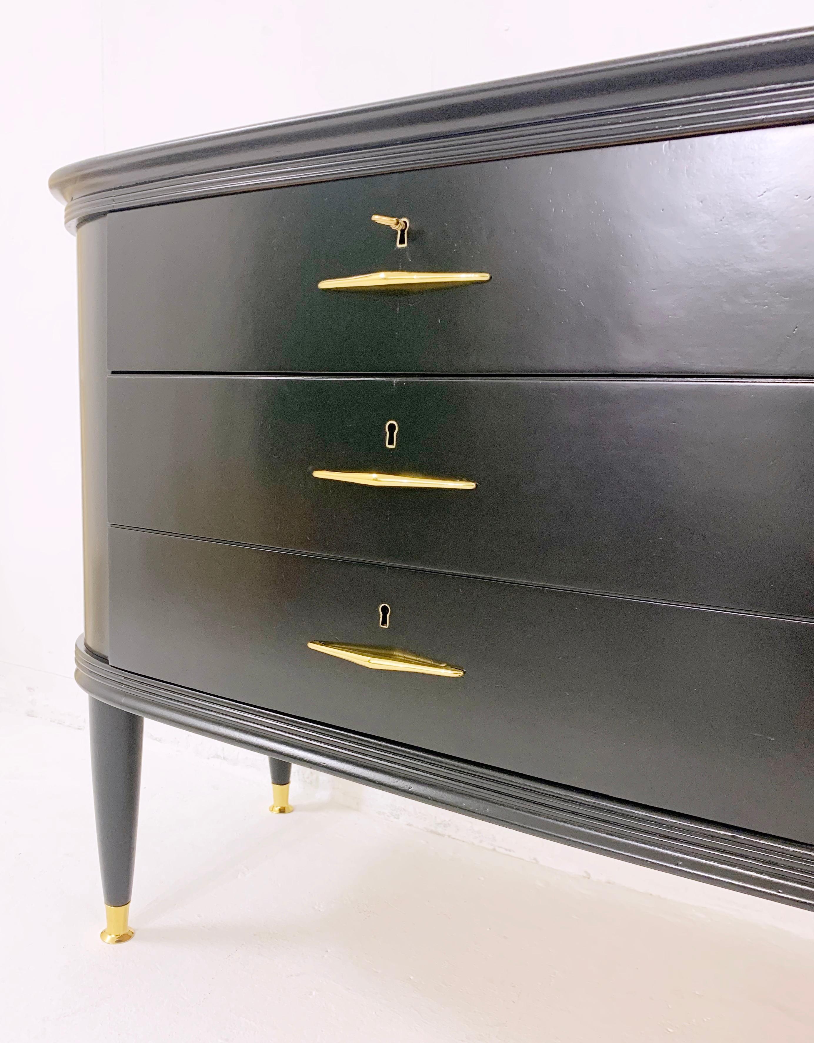 Wood Mid-Century Black Lacquered Chest of Drawers with Glass Top, Italy, 1950s