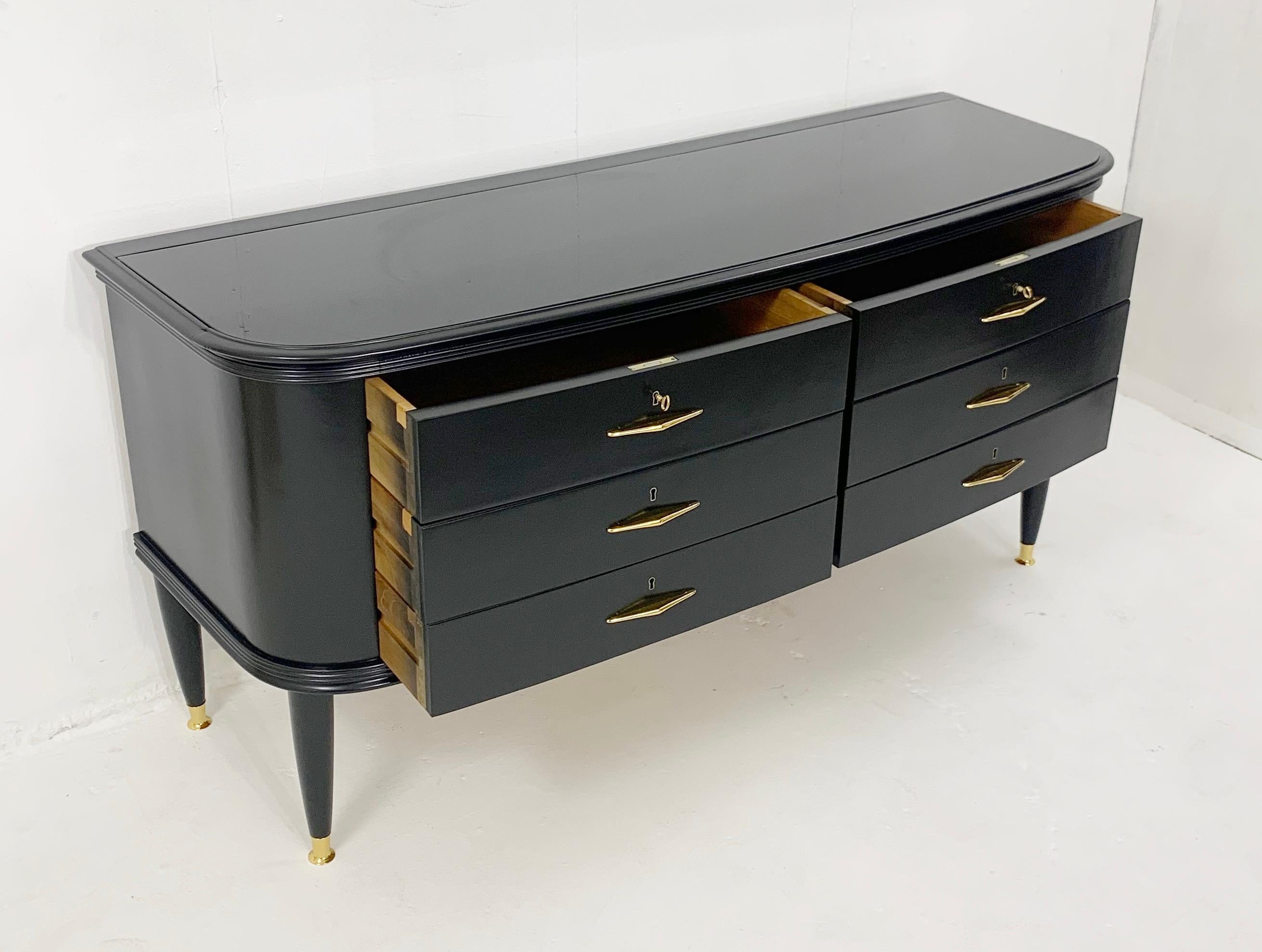 Mid-Century Black Lacquered Chest of Drawers with Glass Top, Italy, 1950s 3