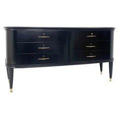 Retro Mid-Century Black Lacquered Chest of Drawers with Glass Top, Italy, 1950s