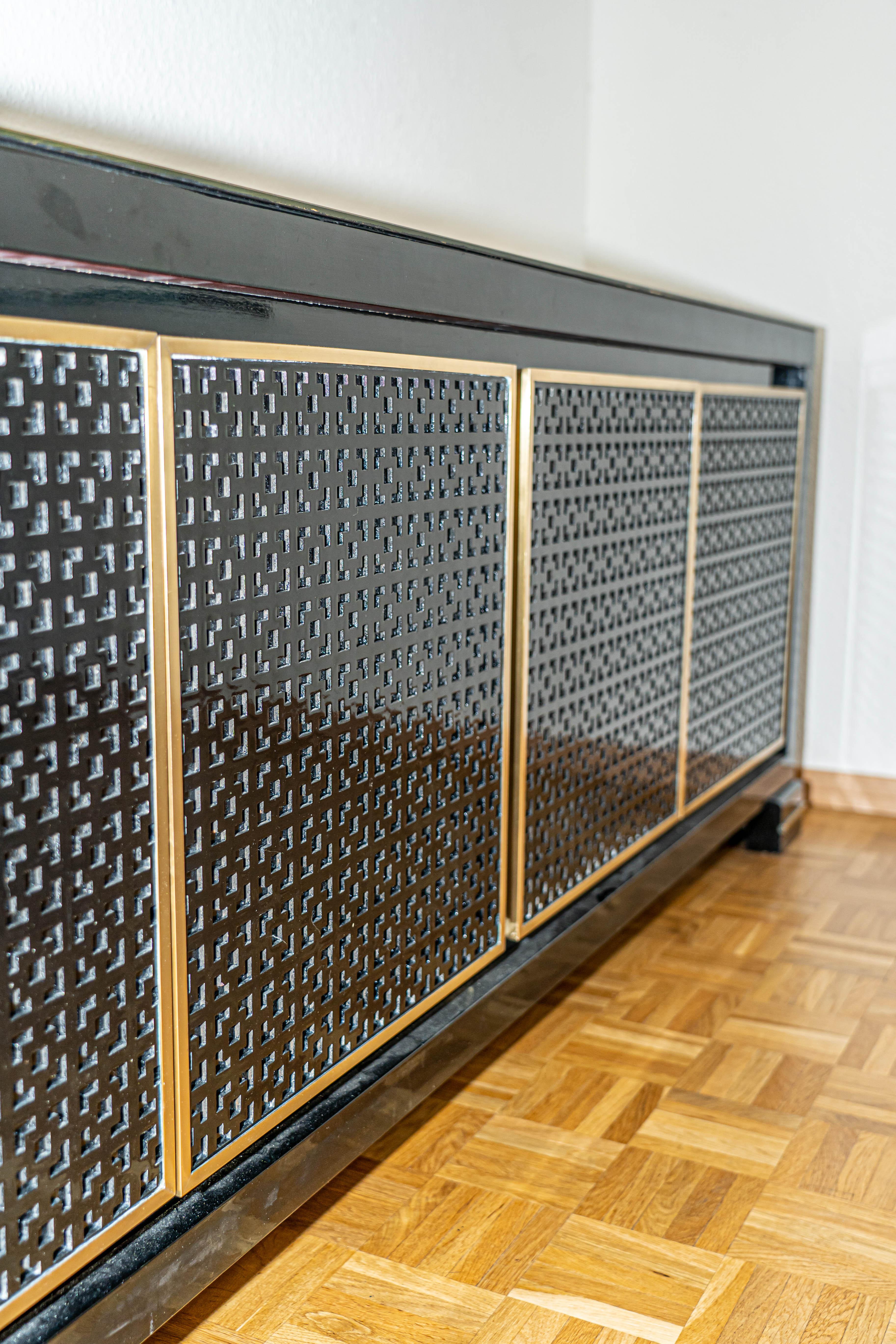 Wood Midcentury Black Lacquered Italian Credenza with Gold Leaf Glass Top For Sale
