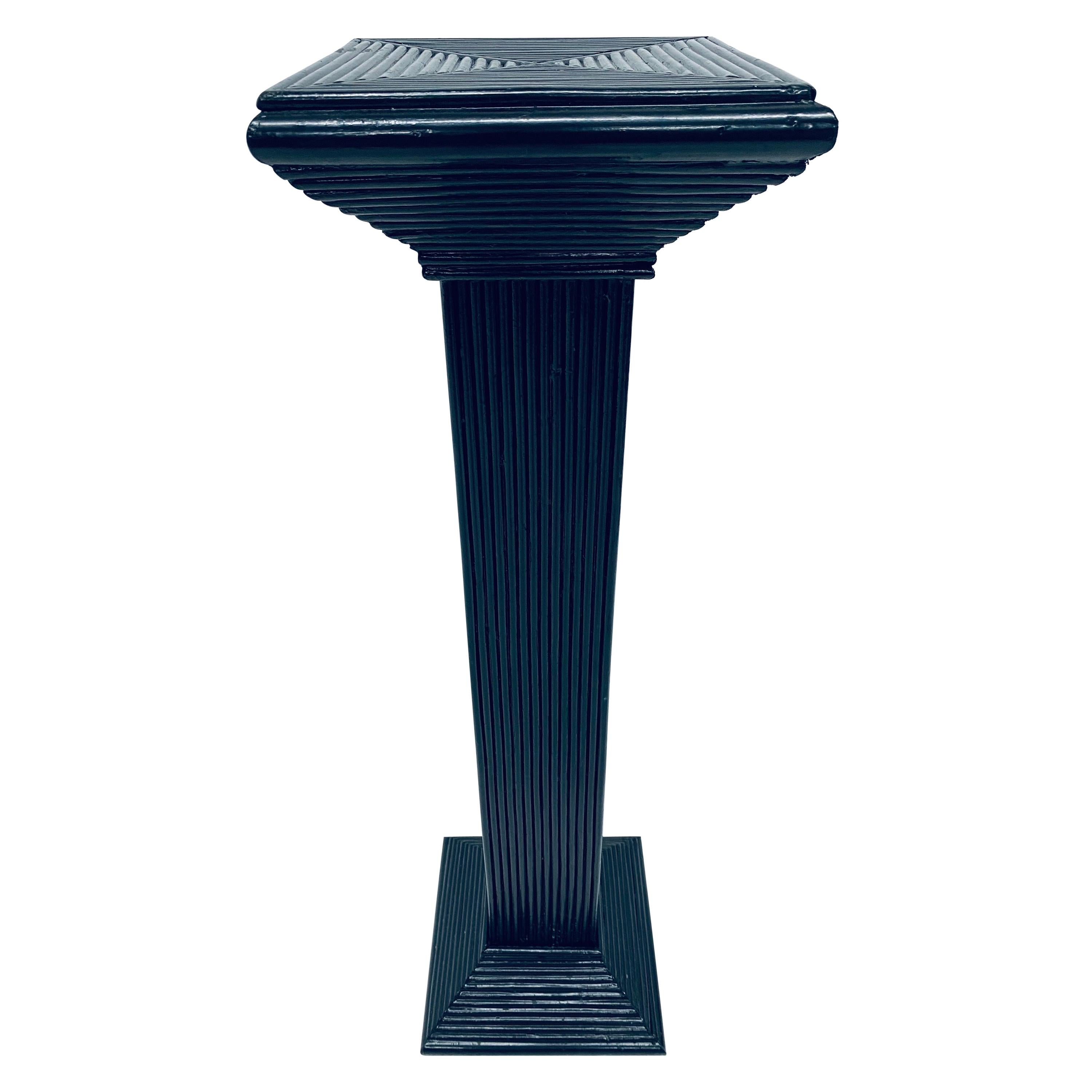 Midcentury Black Lacquered Pencil Reed Rattan Pedestal Table For Sale