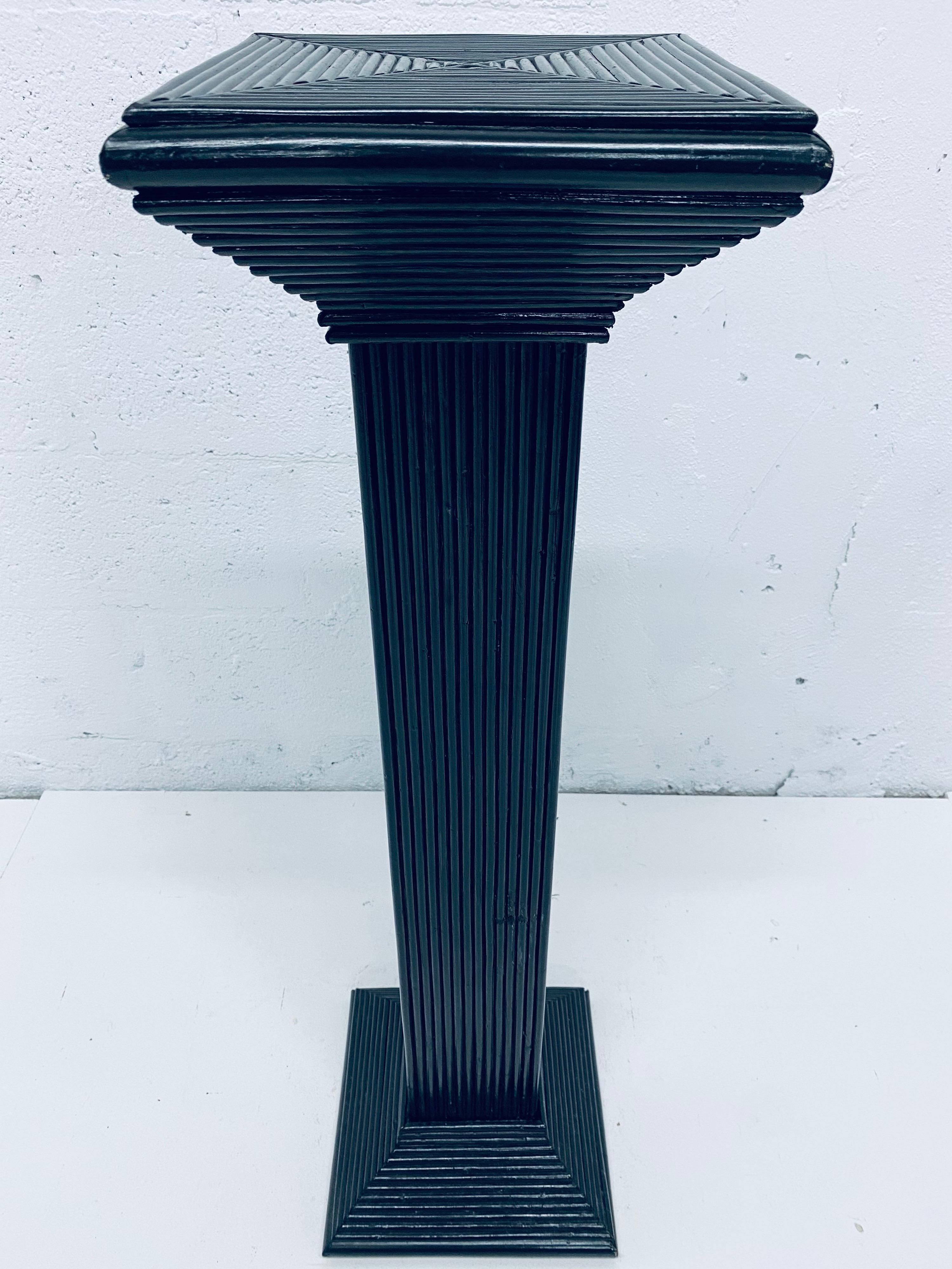 Mid-Century Modern Midcentury Black Lacquered Pencil Reed Rattan Pedestal Table '2 of 4 Available' For Sale