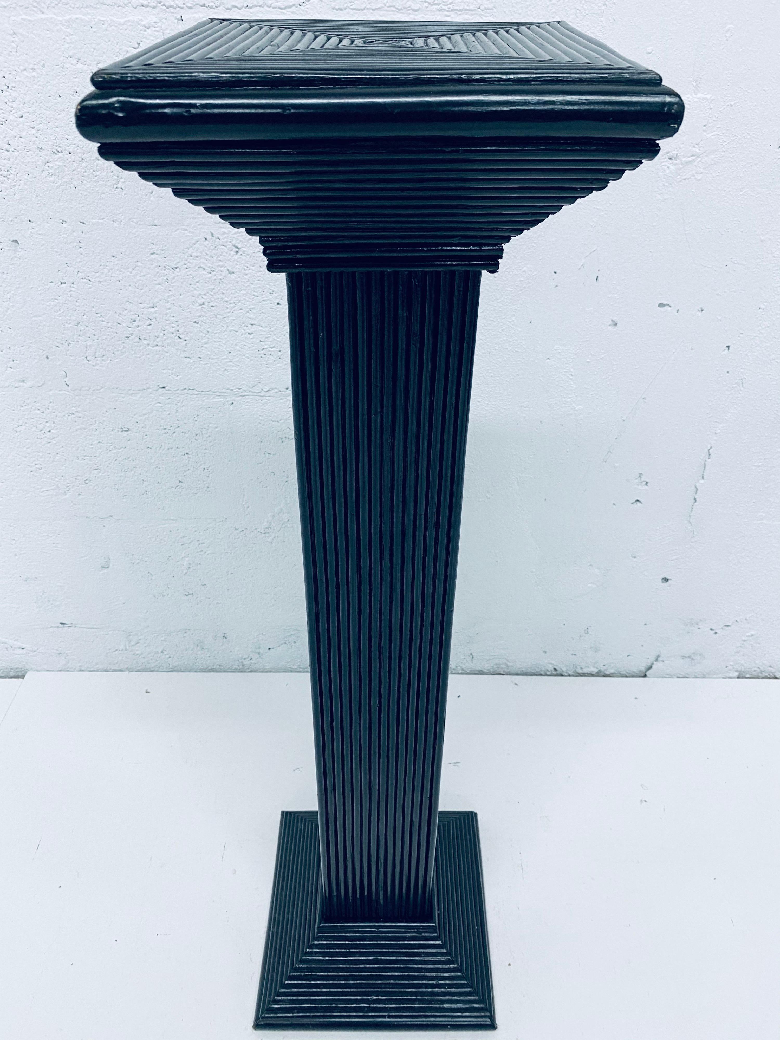 Unknown Midcentury Black Lacquered Pencil Reed Rattan Pedestal Table '2 of 4 Available' For Sale