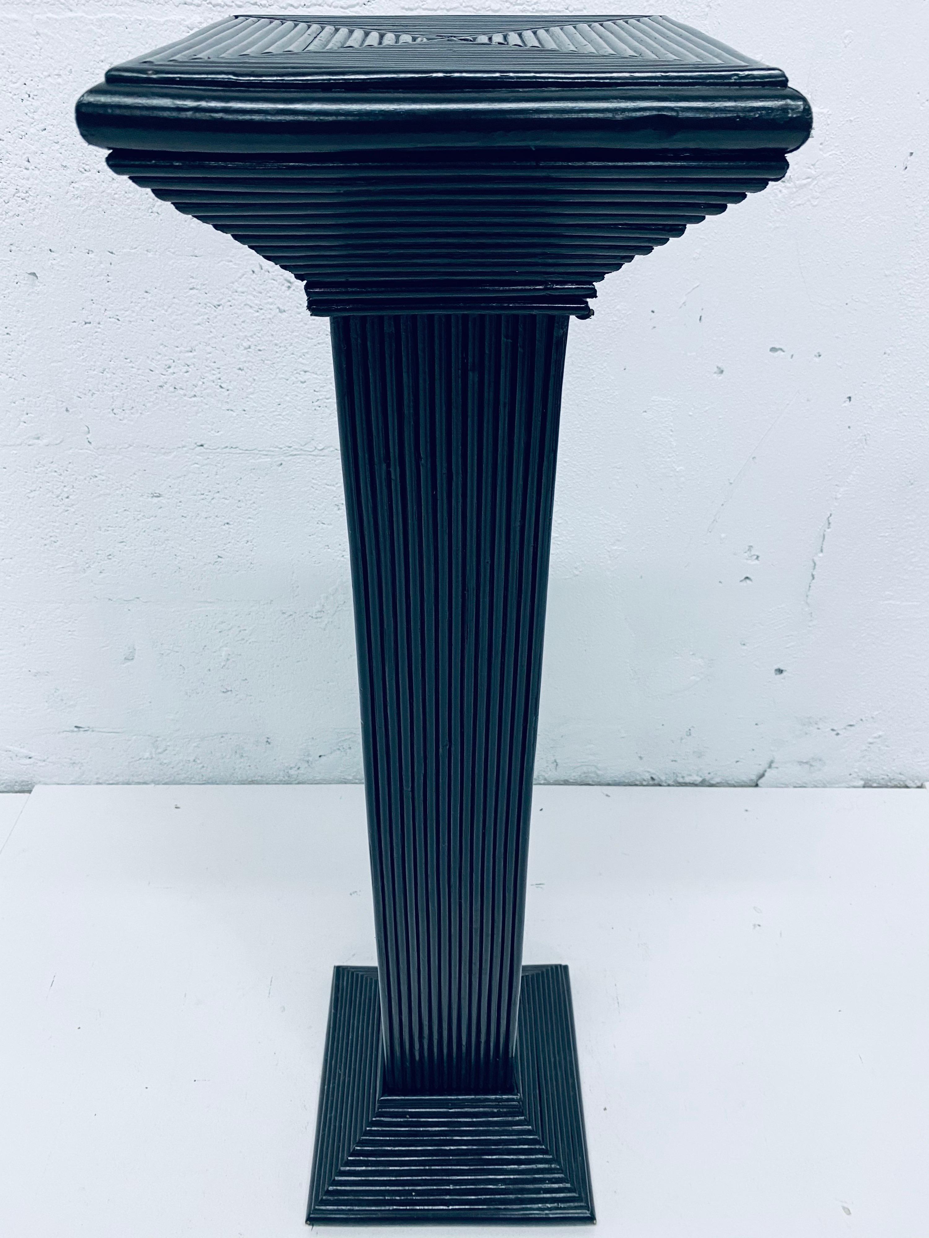 Midcentury Black Lacquered Pencil Reed Rattan Pedestal Table '2 of 4 Available' In Good Condition For Sale In Miami, FL