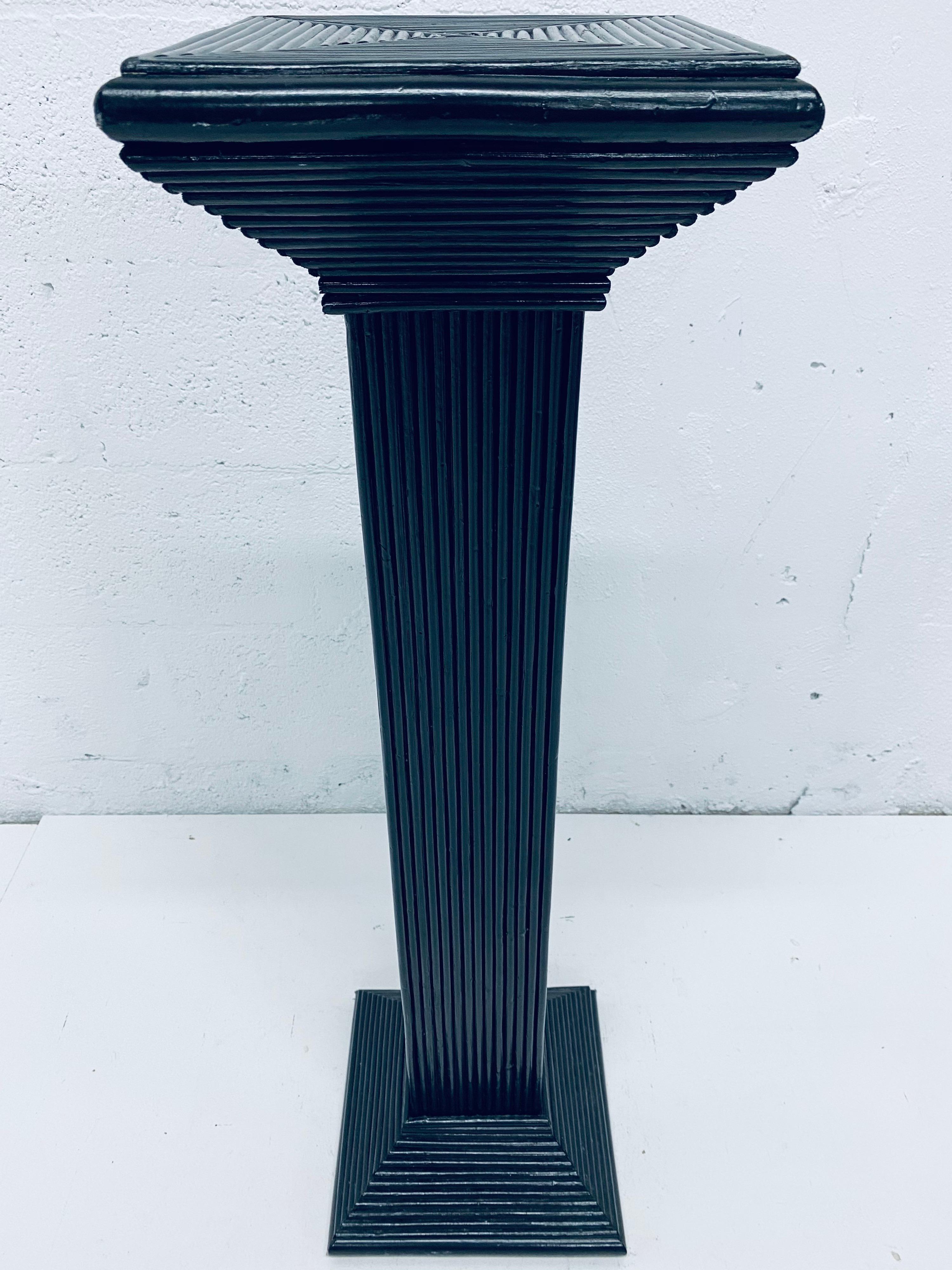20th Century Midcentury Black Lacquered Pencil Reed Rattan Pedestal Table '2 of 4 Available' For Sale