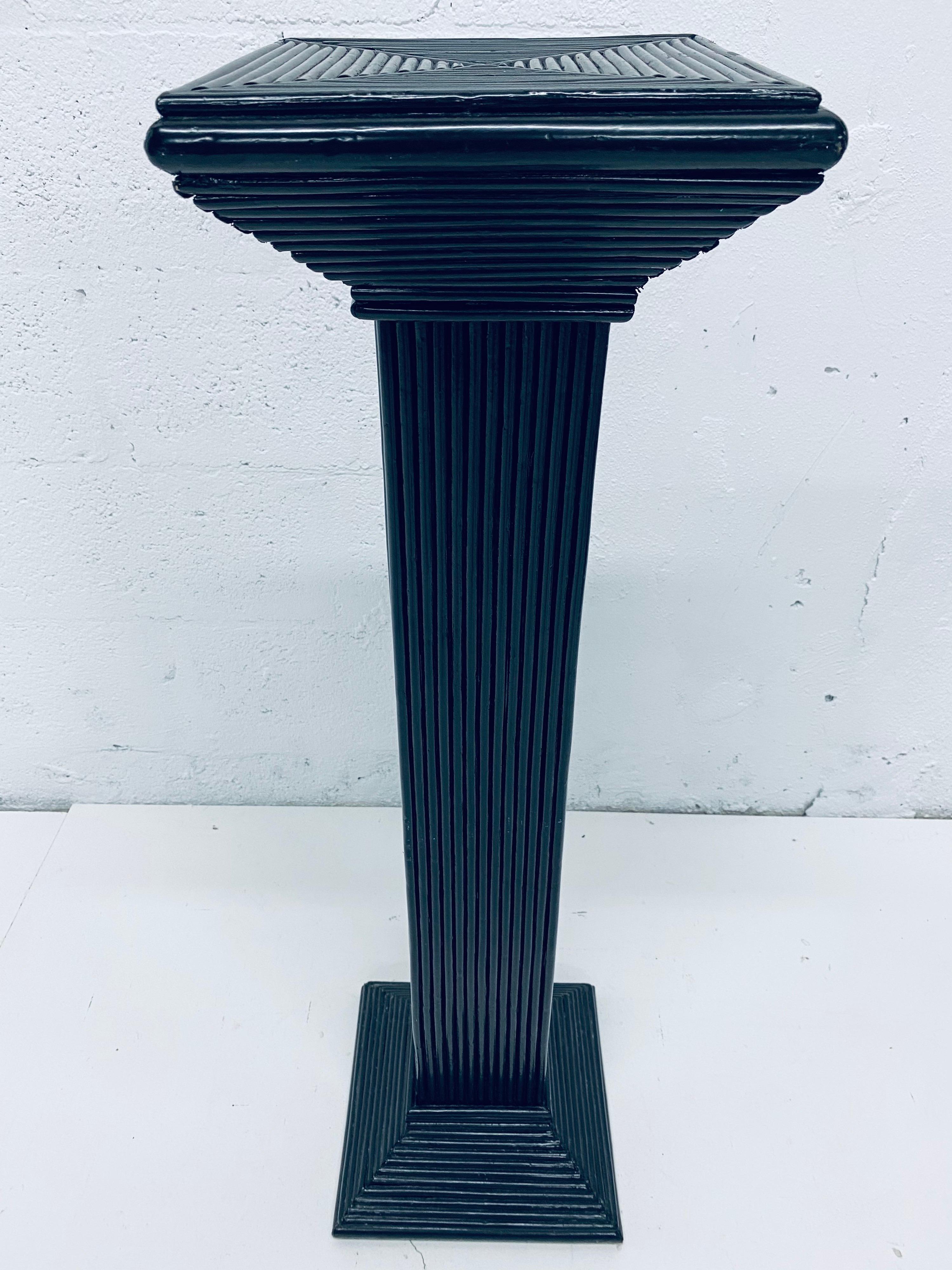 Unknown Midcentury Black Lacquered Pencil Reed Rattan Pedestal Table