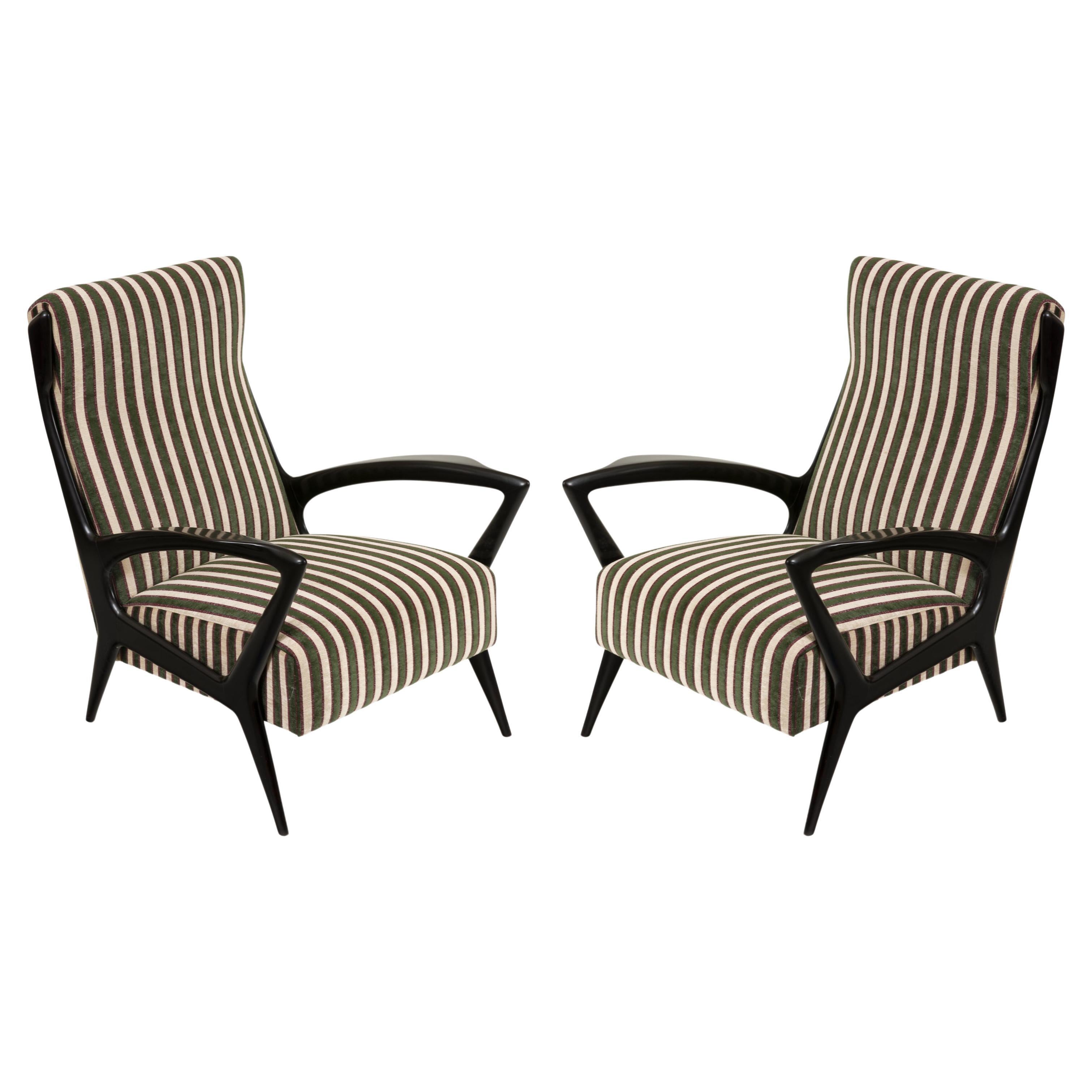 Mid-Century Black Lacquered & Upholstered Lounge Chairs, Italy 1950s