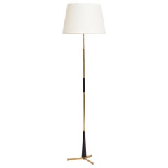 Midcentury Black Leather and Brass Floor Lamp