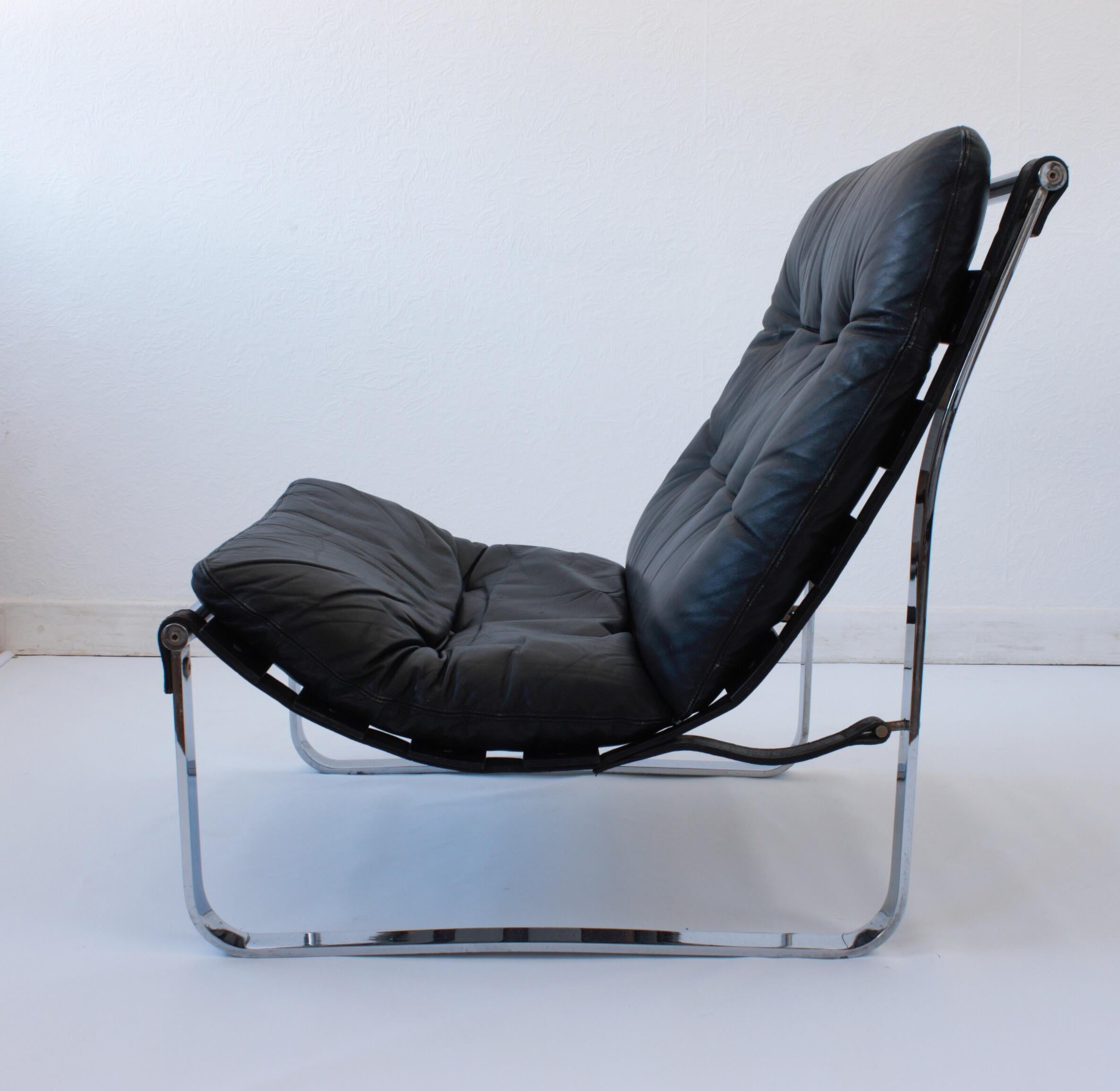 Mid-Century Modern Midcentury Black Leather and Chrome Chair by Relling for Westnofa, circa 1970 For Sale