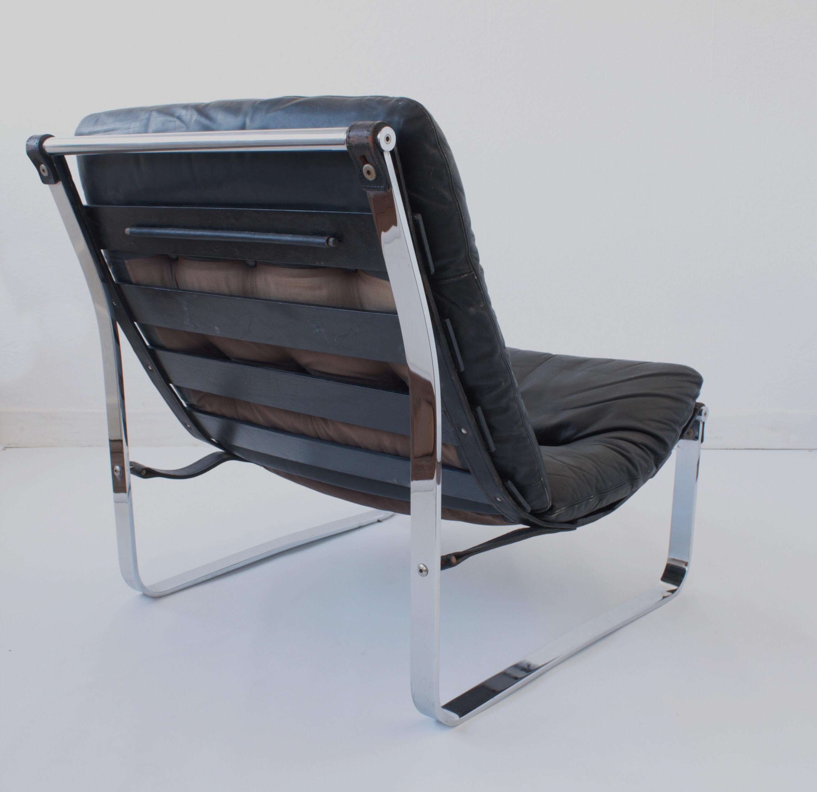 Norwegian Midcentury Black Leather and Chrome Chair by Relling for Westnofa, circa 1970 For Sale