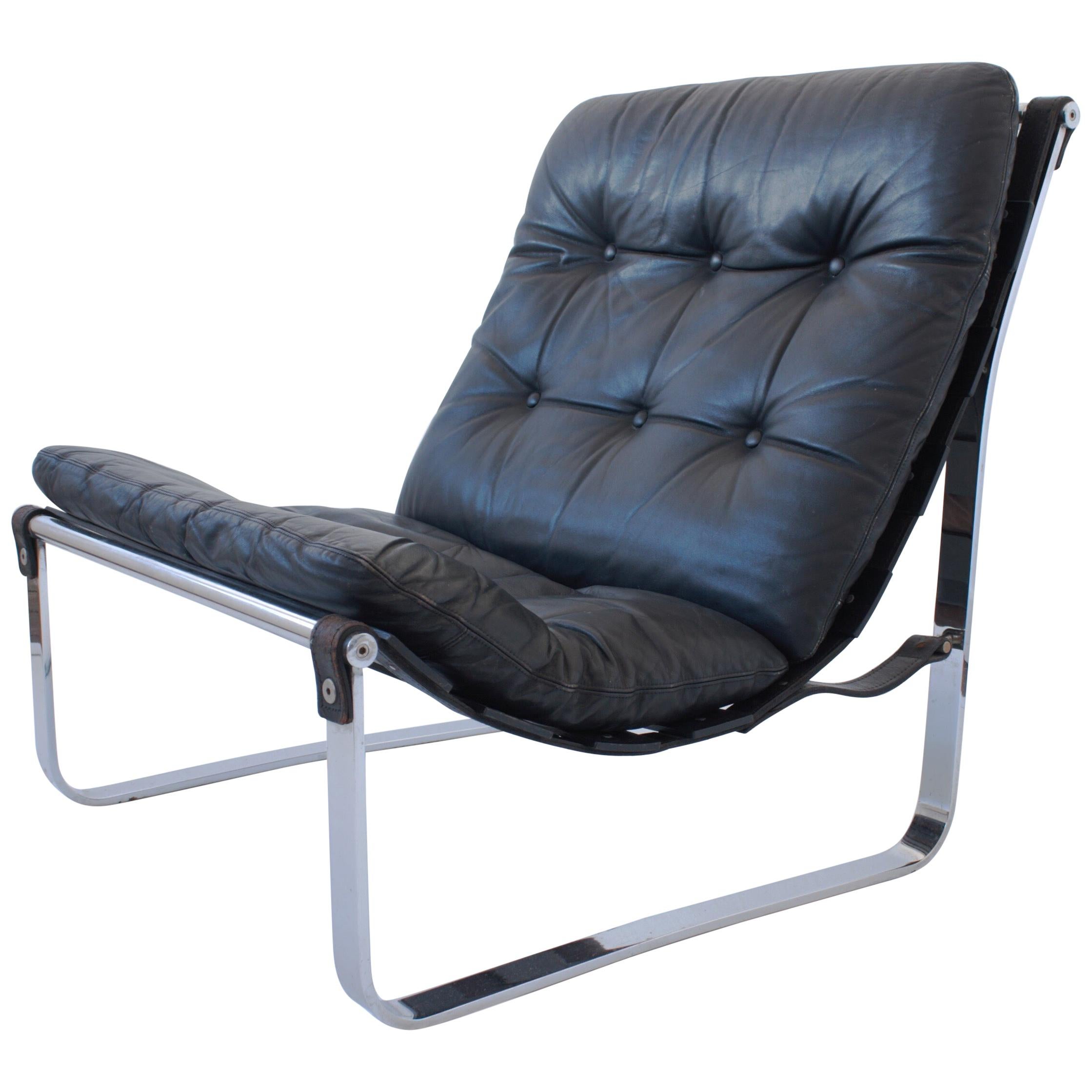 Midcentury Black Leather and Chrome Chair by Relling for Westnofa, circa 1970 For Sale