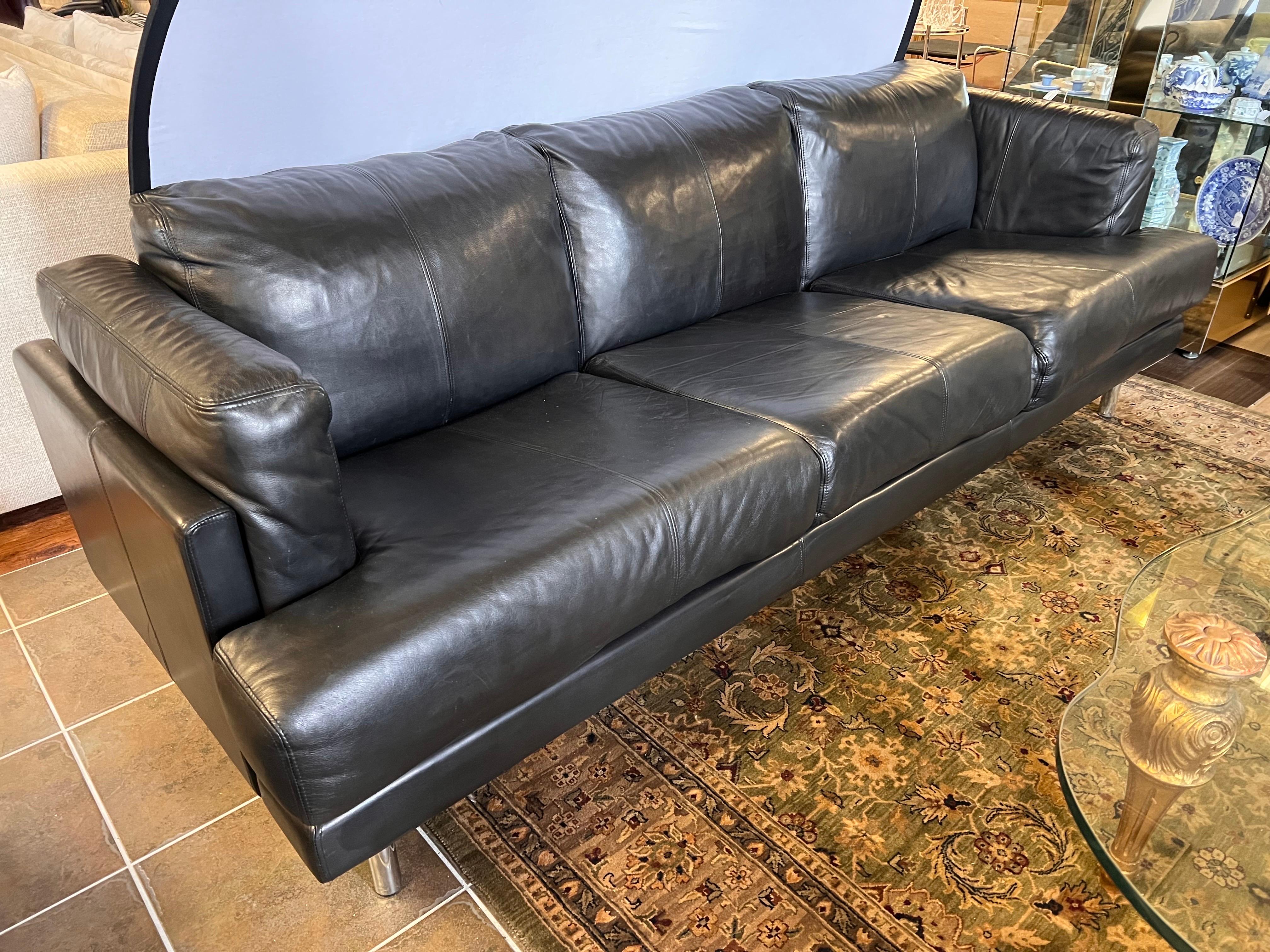 20th Century Midcentury Black Leather and Chrome Sofa by Directional