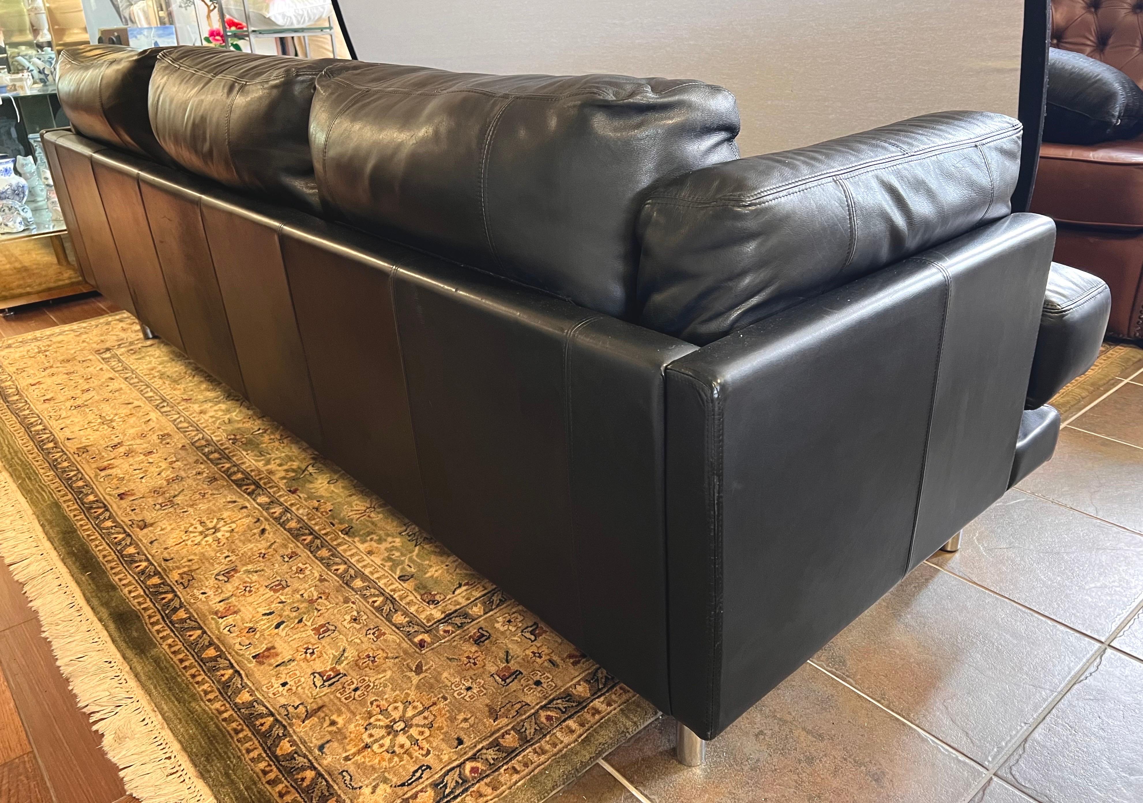 Midcentury Black Leather and Chrome Sofa by Directional 1