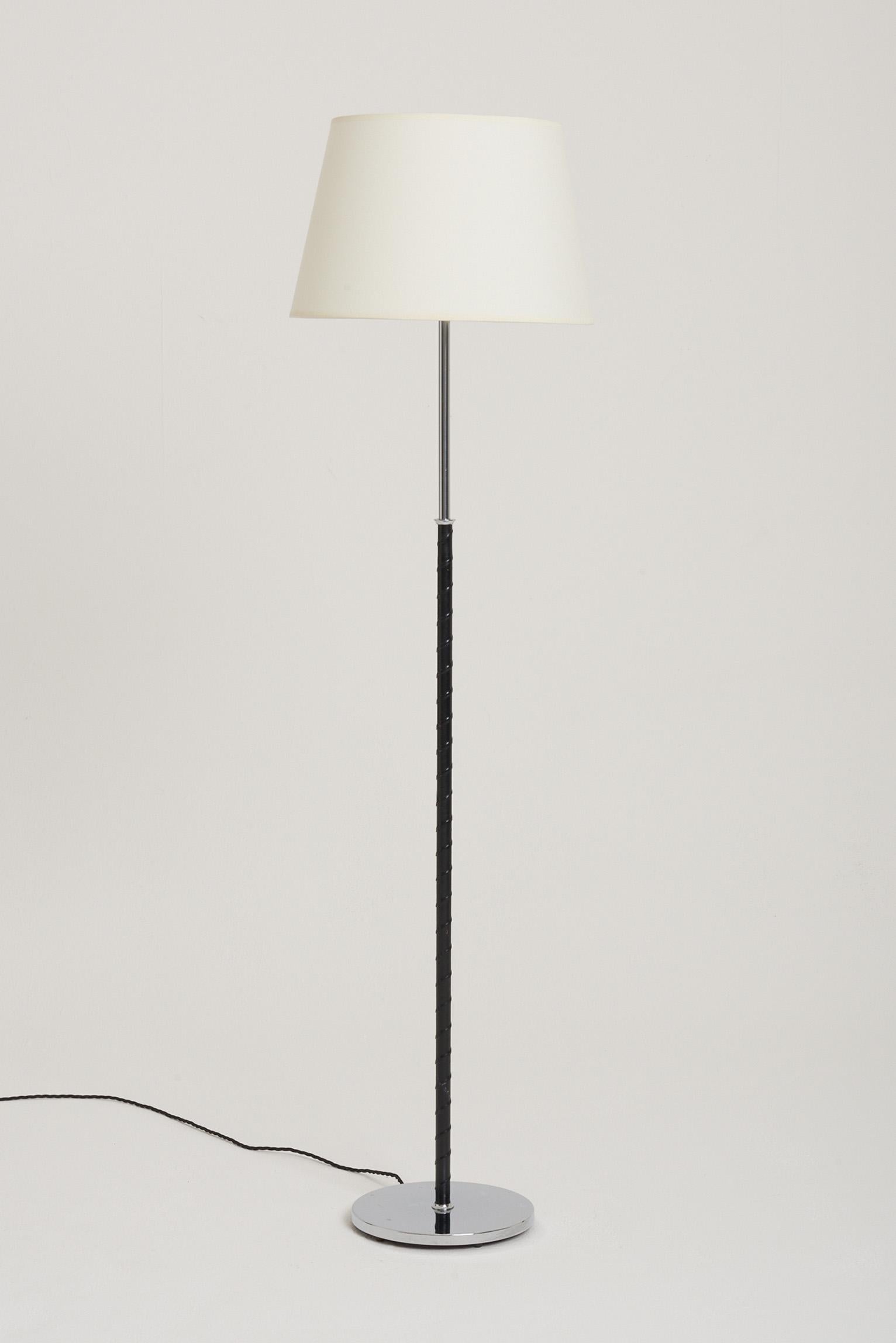 Mid-Century Modern Mid-Century Black Leather and Nickel Floor Lamp For Sale