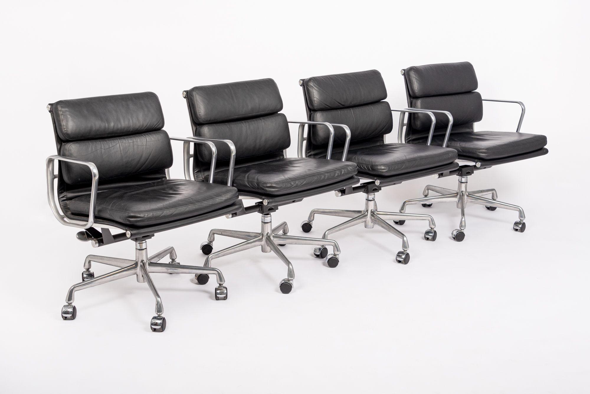 Mid-Century Modern 2001 Eames Herman Miller Black Leather Desk Chairs Aluminum Group For Sale