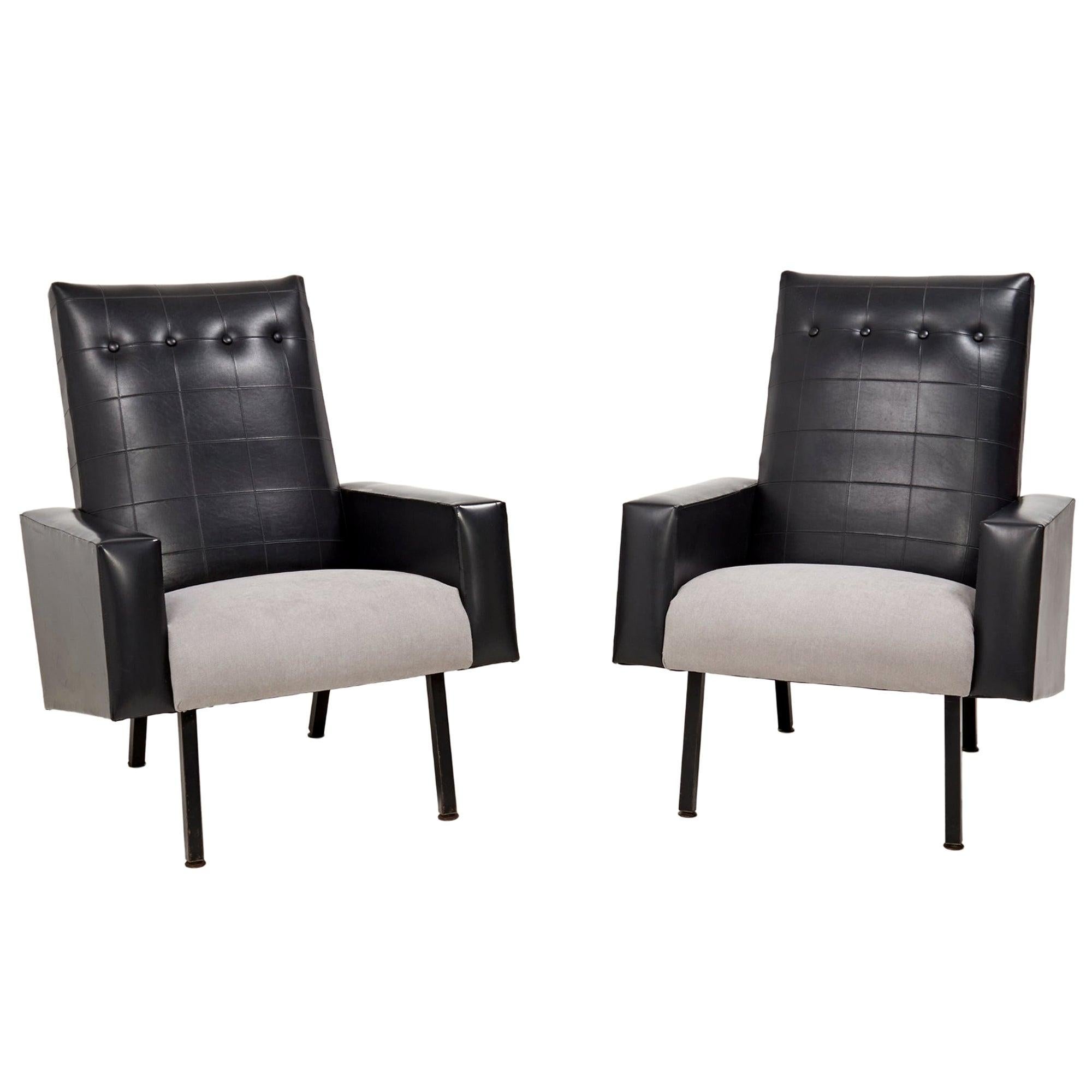 Mid Century Black Leather Pierre Guariche Style Armchairs, Set of 2 For Sale