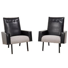 Vintage Mid Century Black Leather Pierre Guariche Style Armchairs, Set of 2