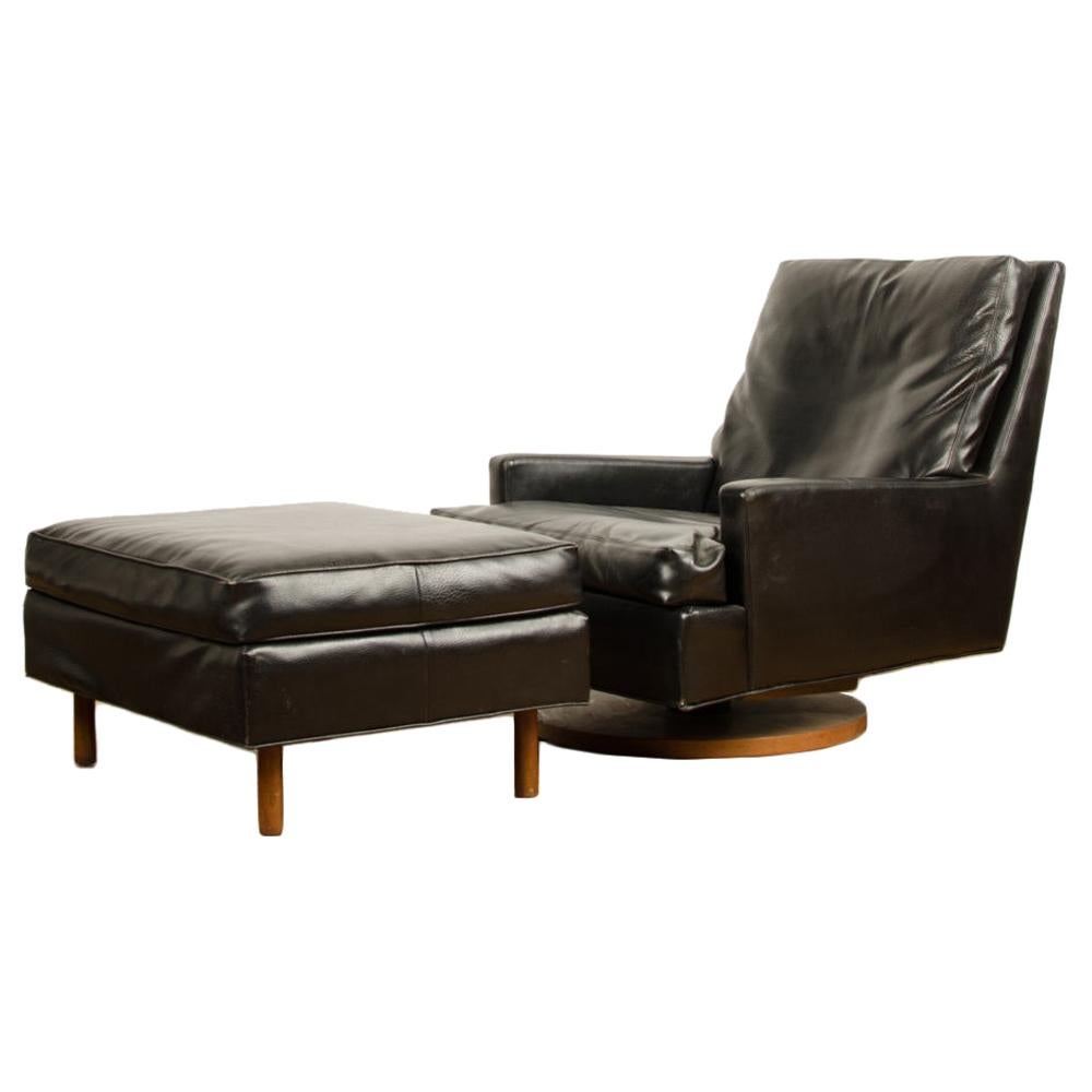 Mid-Century Black Leather Reclining Lounge Chair with Ottoman by M.Baughman