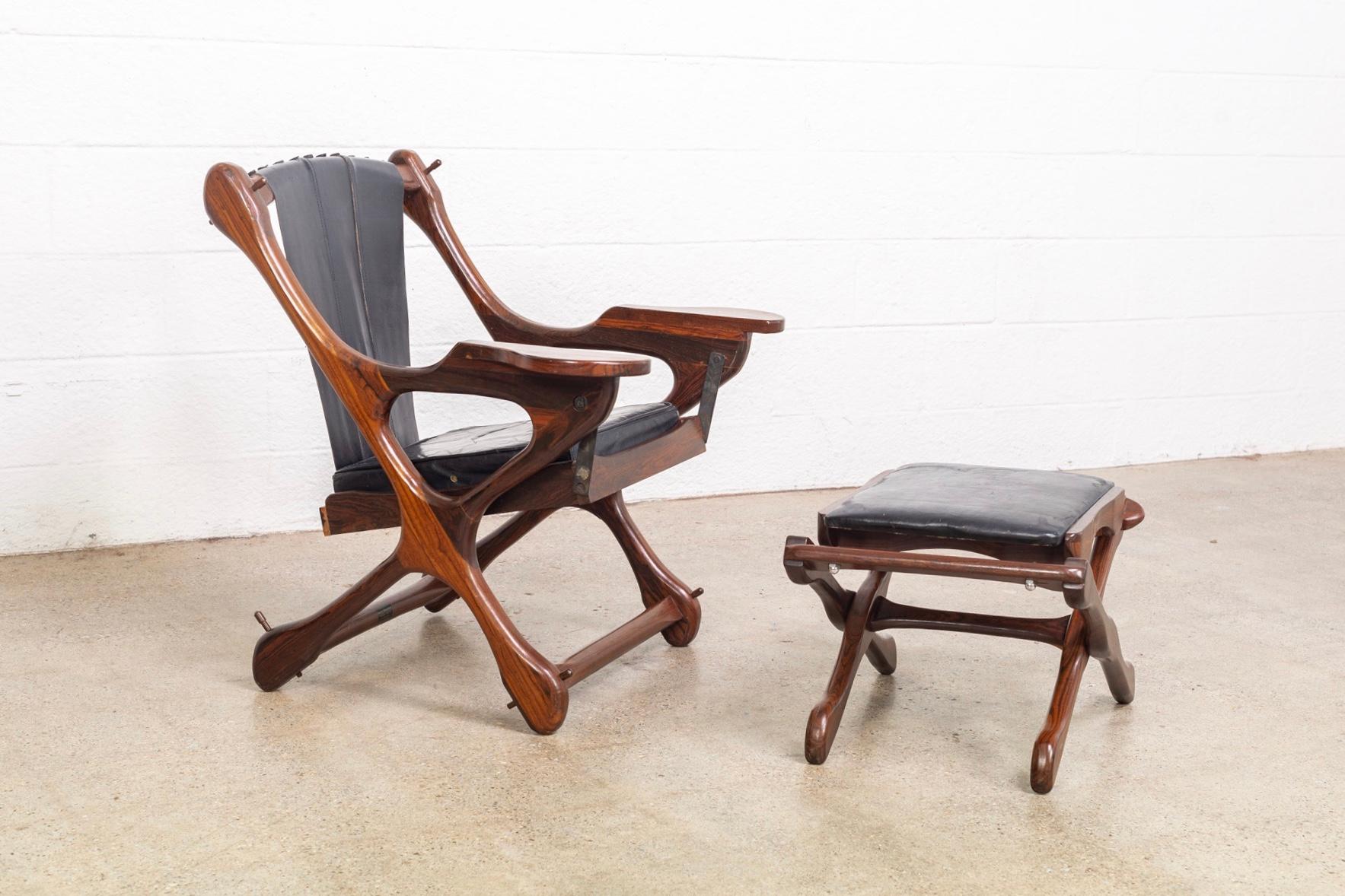 Mexican Mid Century Black Leather & Rosewood Lounge Chair and Ottoman by Don Shoemaker