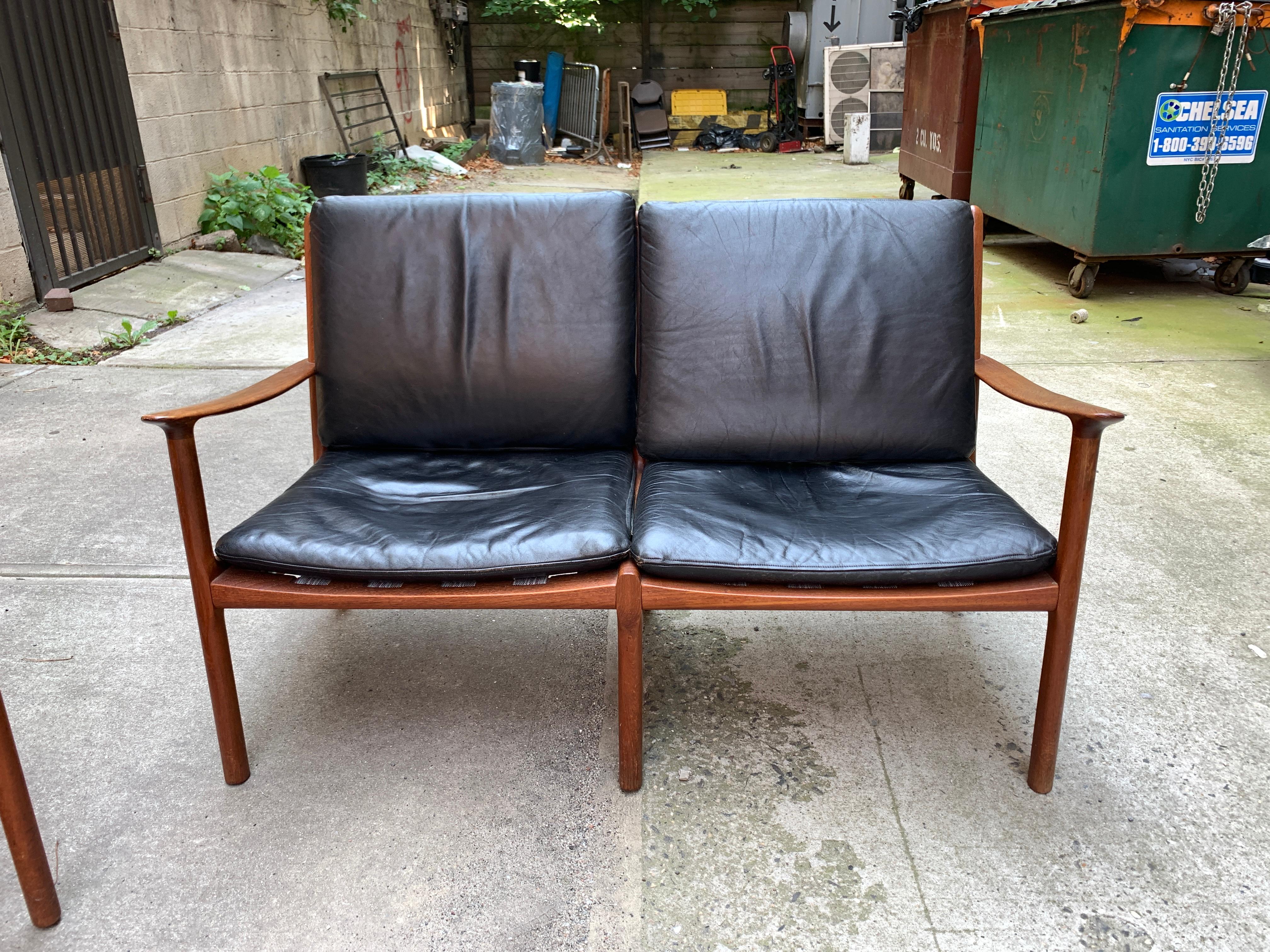 Danish Midcentury Black Leather Sofa Set