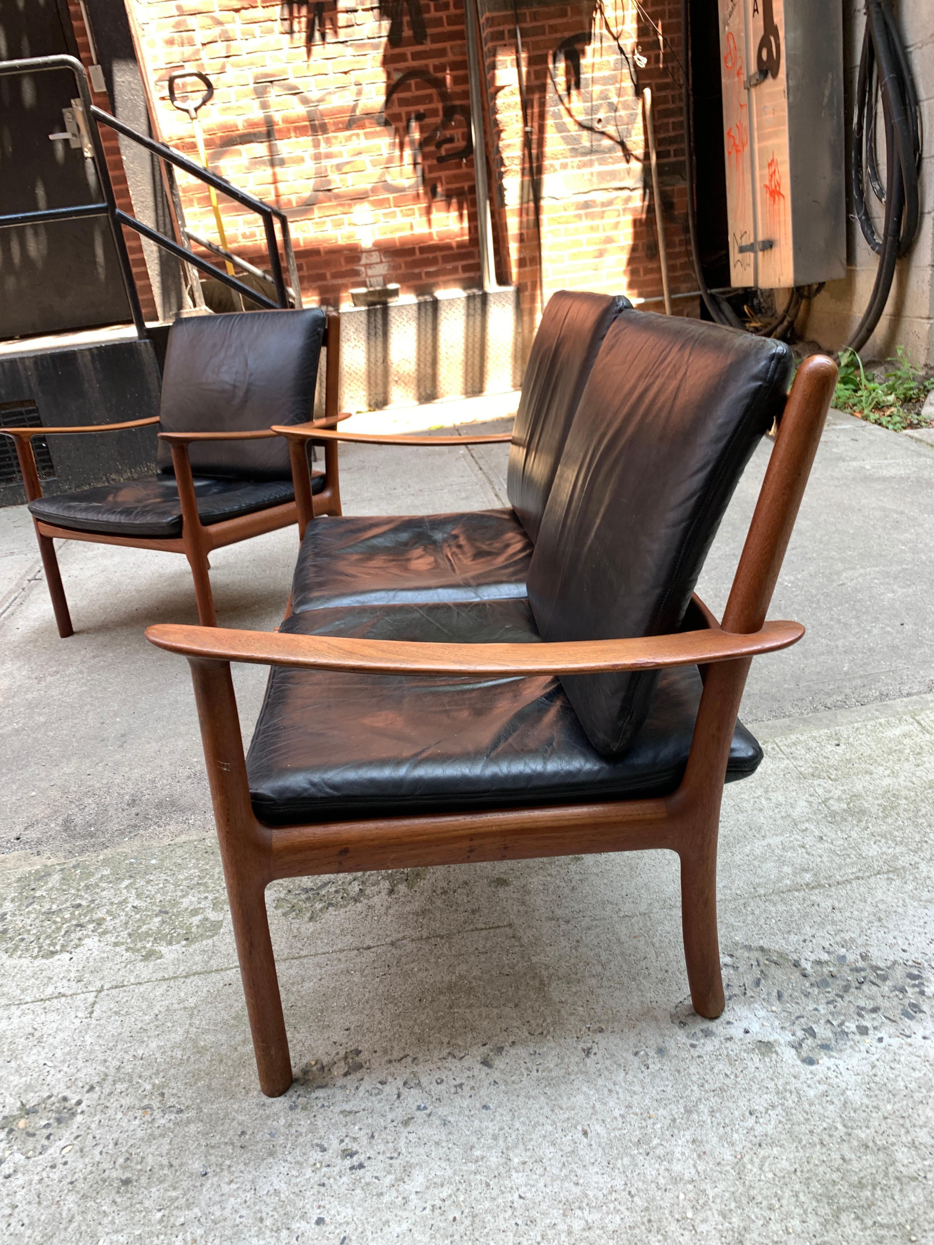 20th Century Midcentury Black Leather Sofa Set