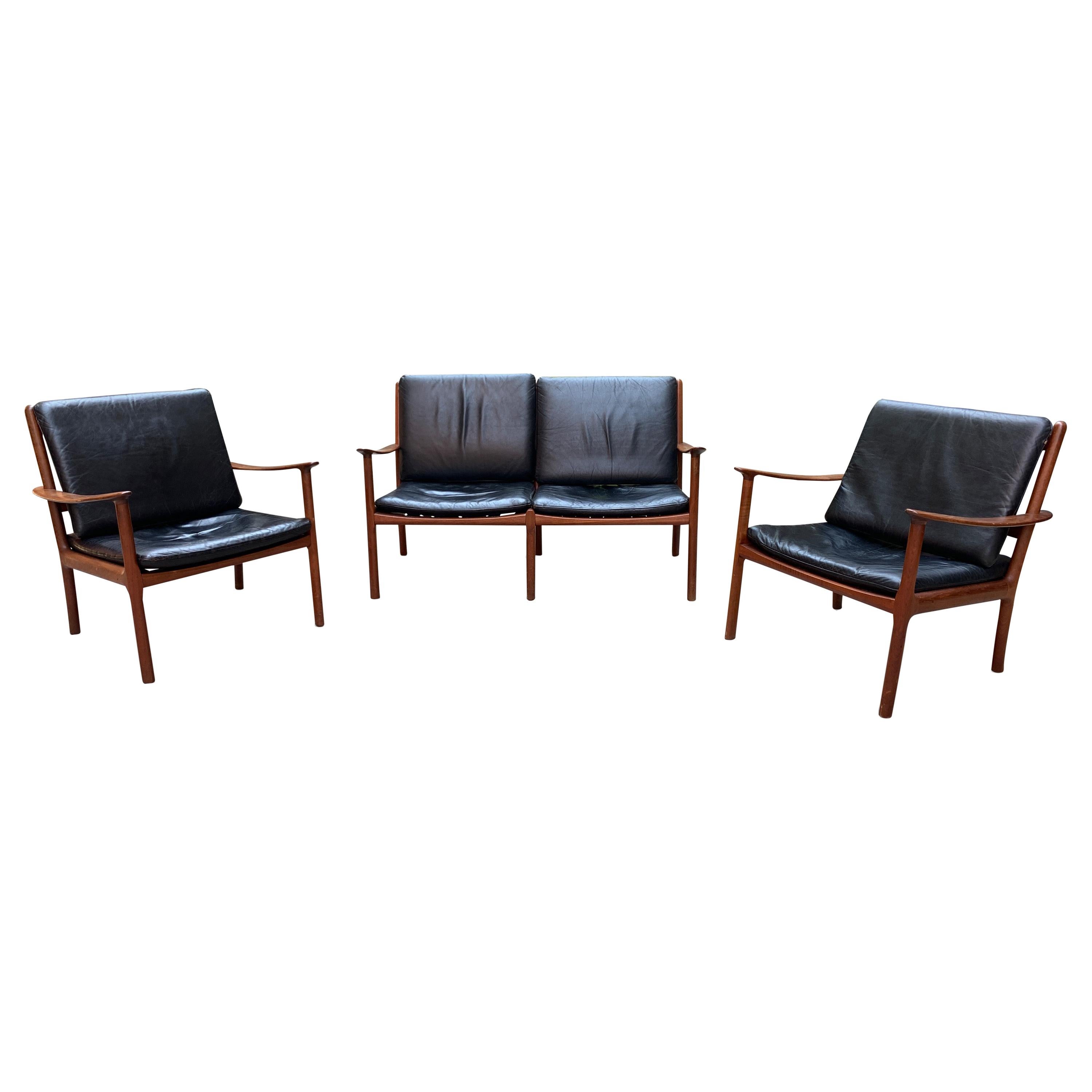 Midcentury Black Leather Sofa Set