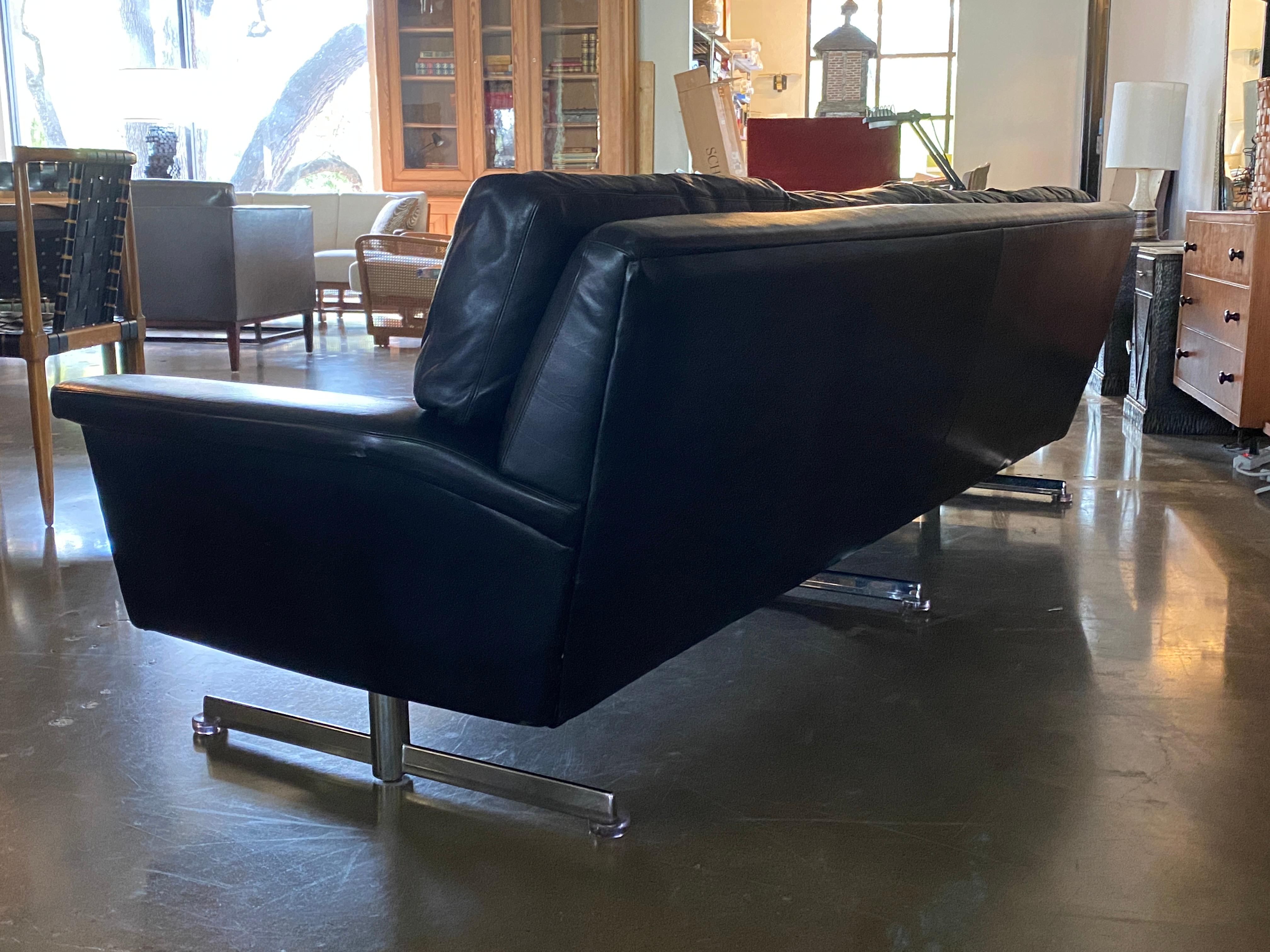 Midcentury Black Leather Sofa with Chrome Legs and Down Cushions 1