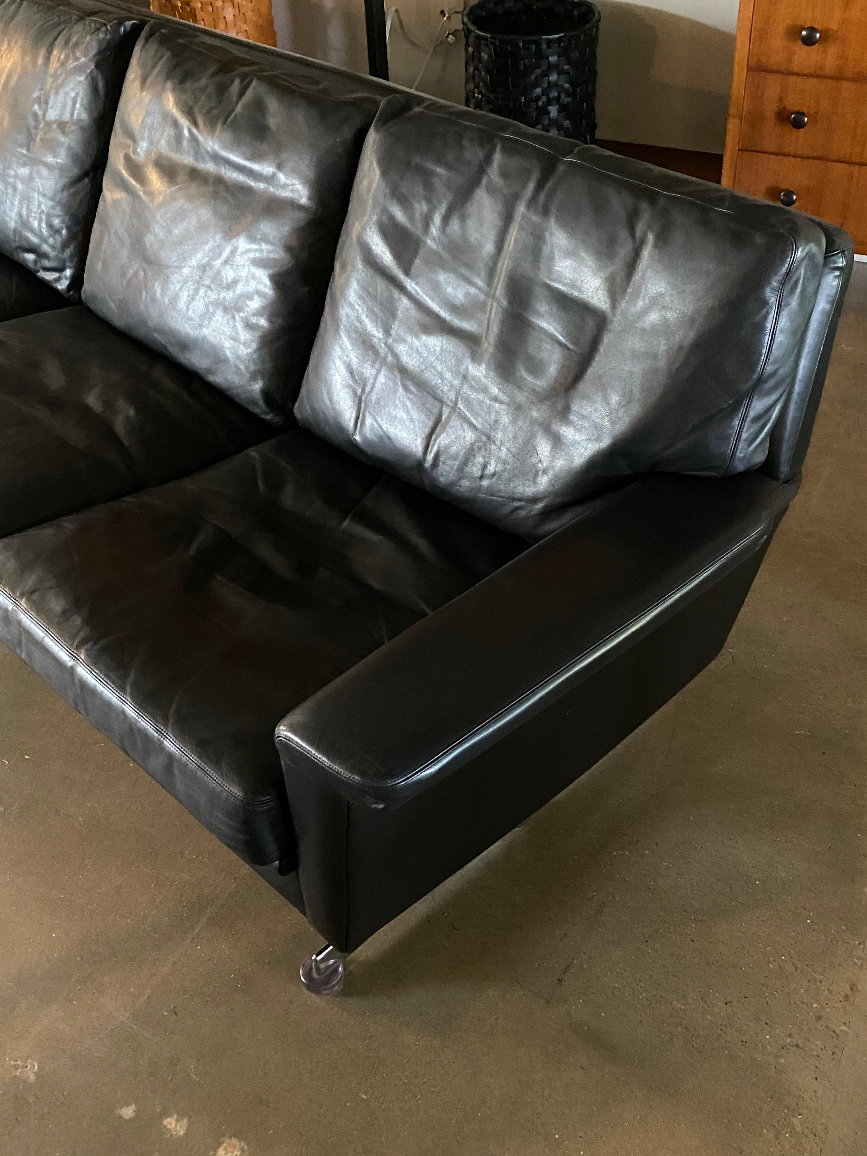 Midcentury Black Leather Sofa with Chrome Legs and Down Cushions 2