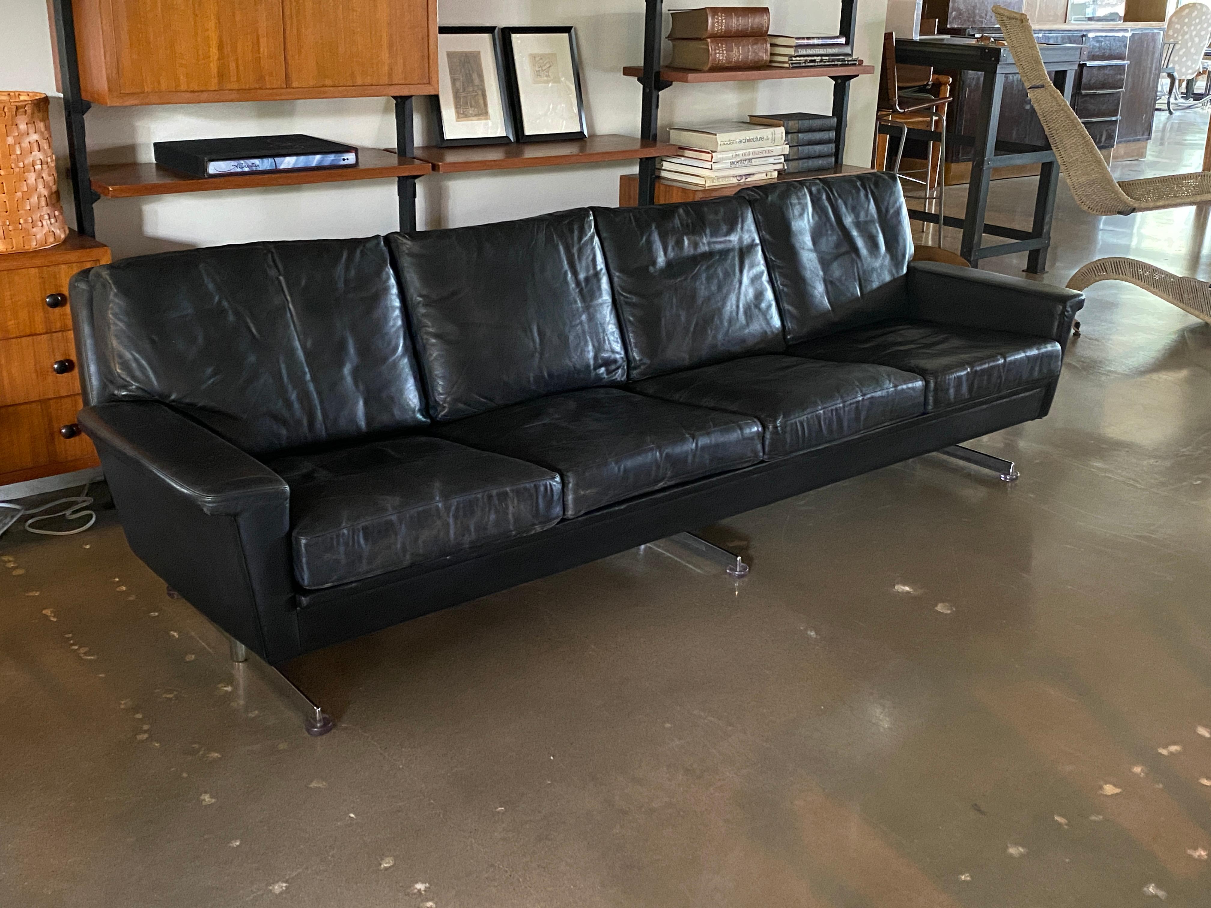 Mid-Century Modern Midcentury Black Leather Sofa with Chrome Legs and Down Cushions