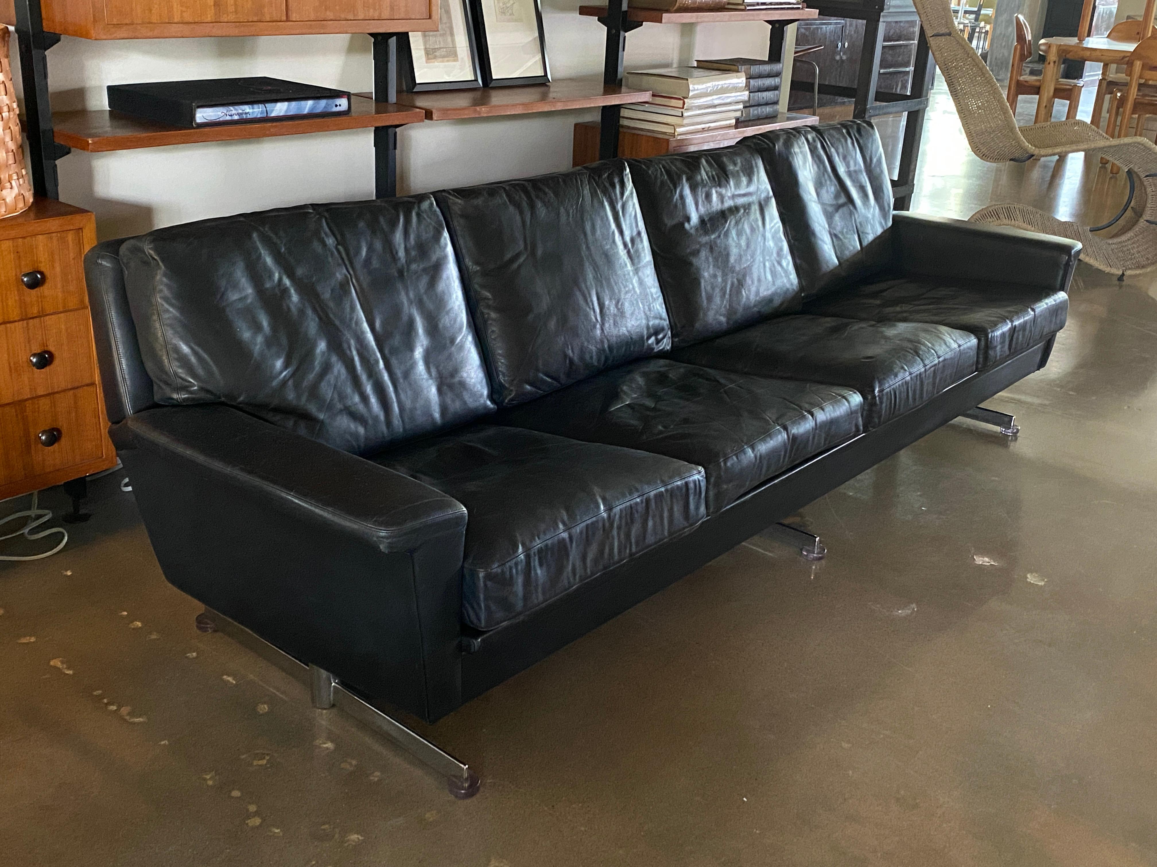 European Midcentury Black Leather Sofa with Chrome Legs and Down Cushions