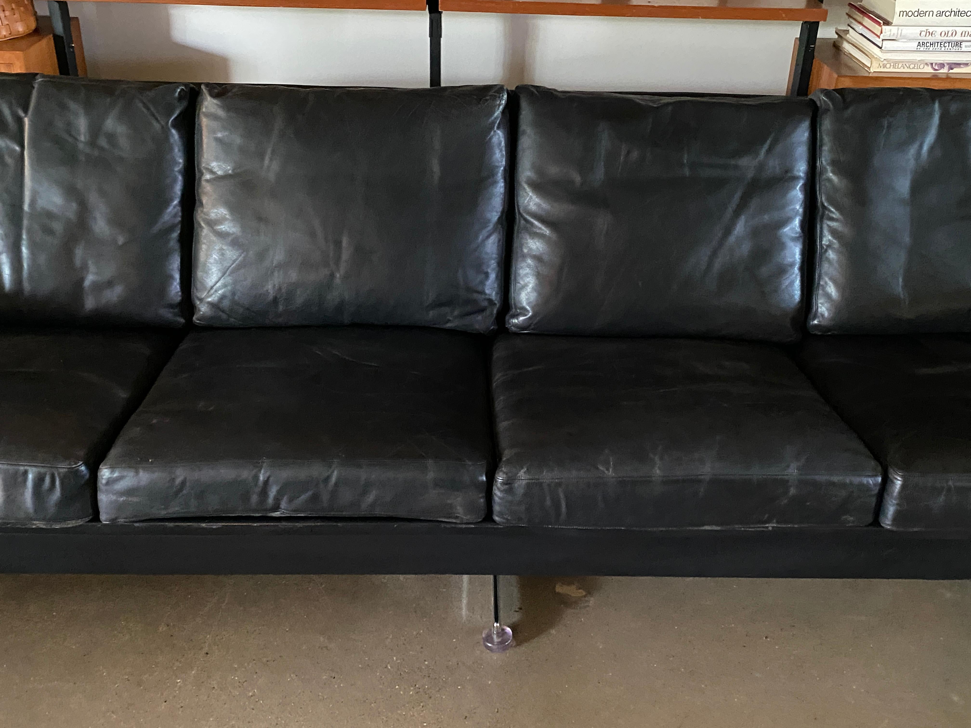 Midcentury Black Leather Sofa with Chrome Legs and Down Cushions In Good Condition In Austin, TX