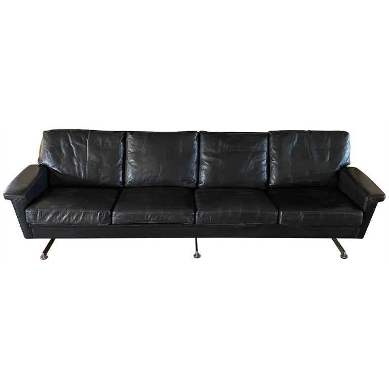 Midcentury Black Leather Sofa With, Leather Sofa With Legs