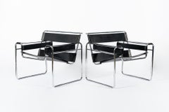 Mid Century Black Leather Wassily Arm Chairs by Marcel Breuer for Knoll, 1960s