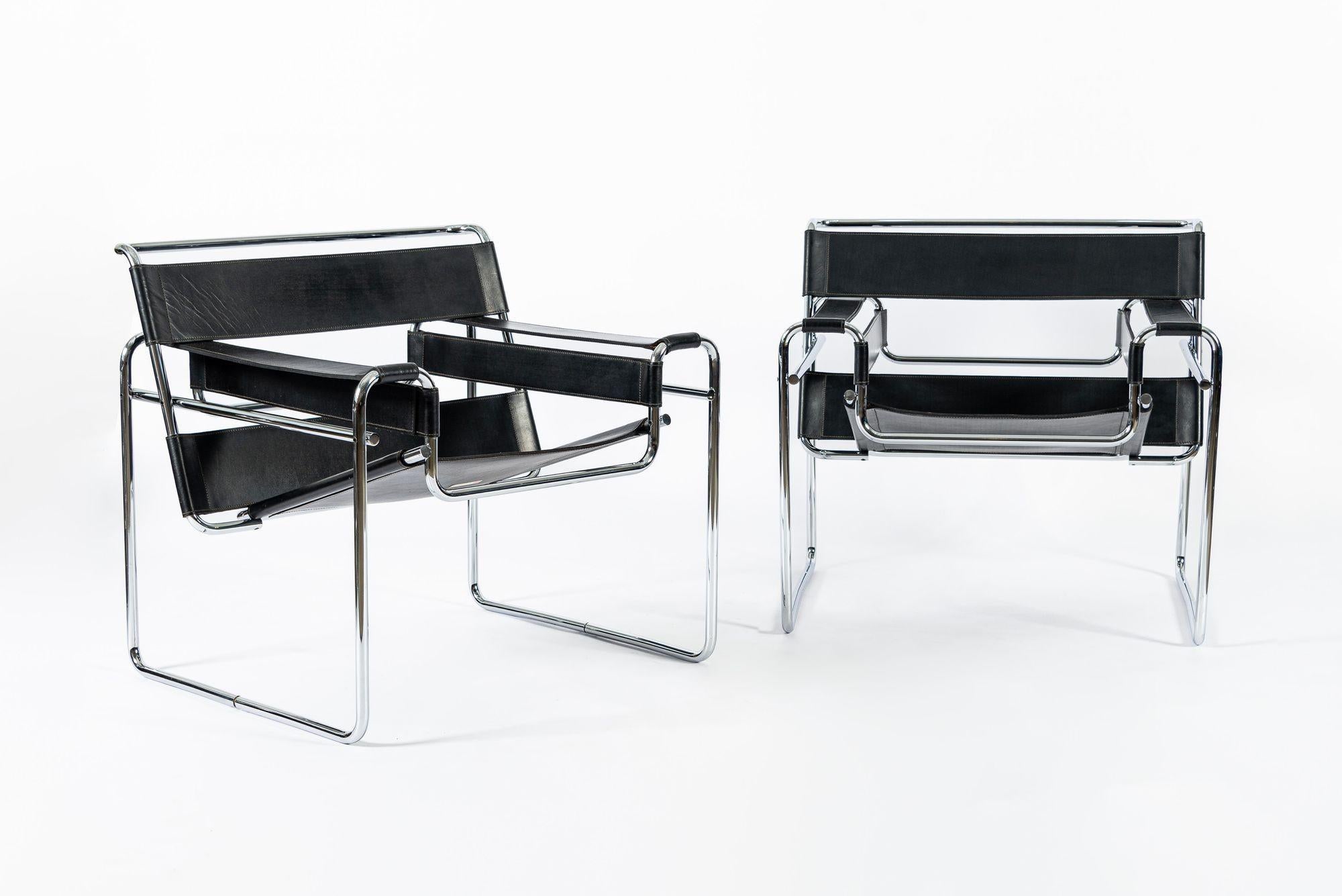 Mid-Century Modern Fauteuils Wassily en cuir noir du milieu du siècle par Marcel Breuer pour Knoll, années 1960 en vente