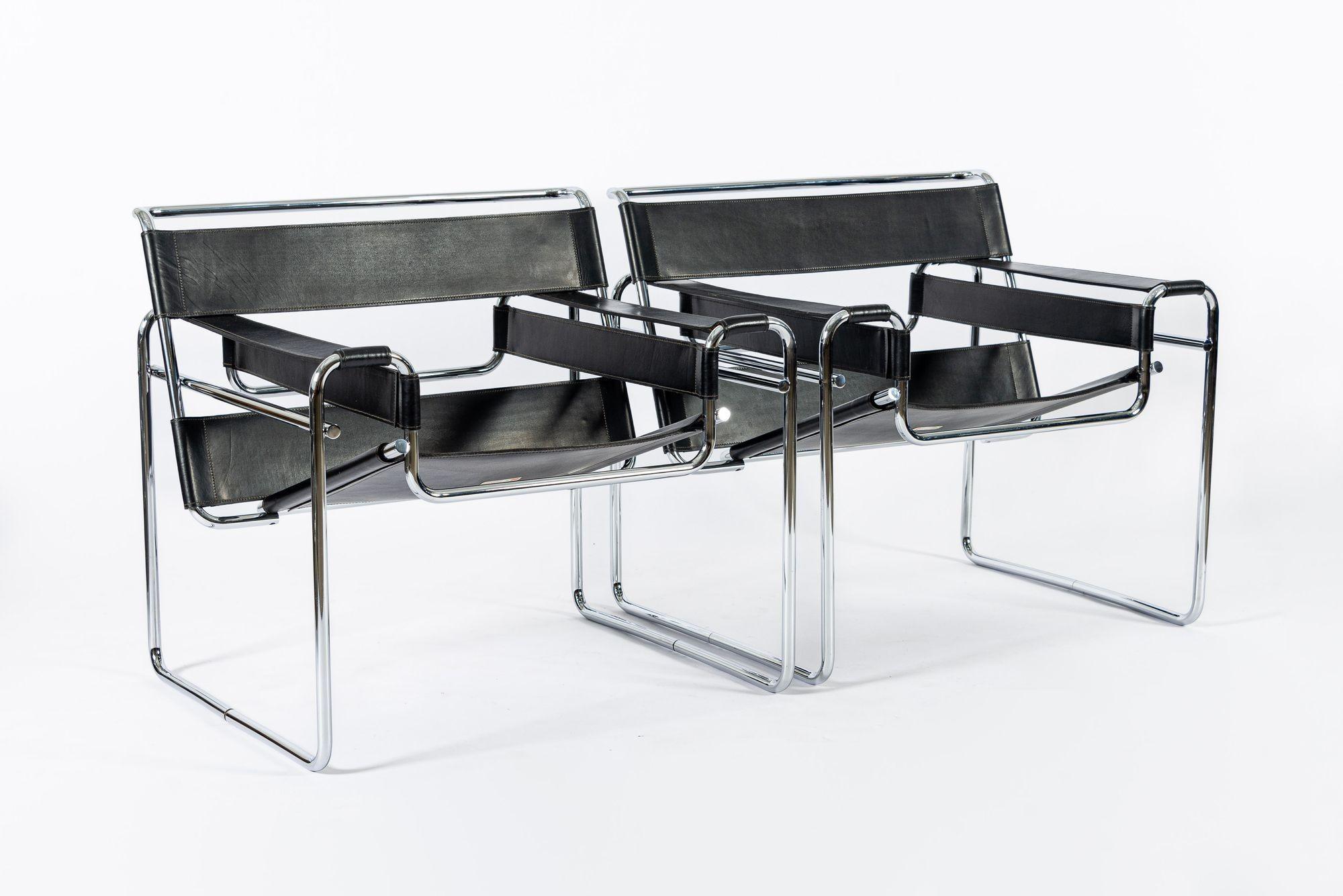 Milieu du XXe siècle Fauteuils Wassily en cuir noir du milieu du siècle par Marcel Breuer pour Knoll, années 1960 en vente