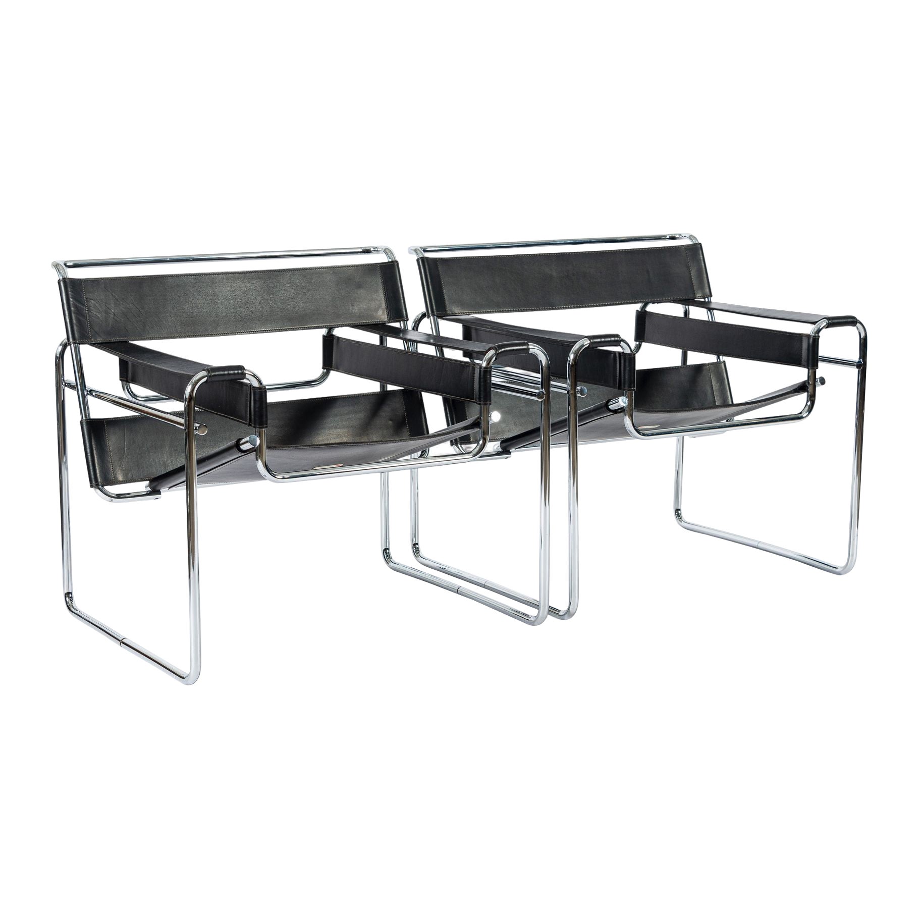 Fauteuils Wassily en cuir noir du milieu du siècle par Marcel Breuer pour Knoll, années 1960