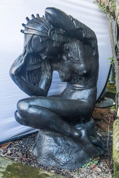 Mid Century Black Marble Figure of a Sitting Nude Woman