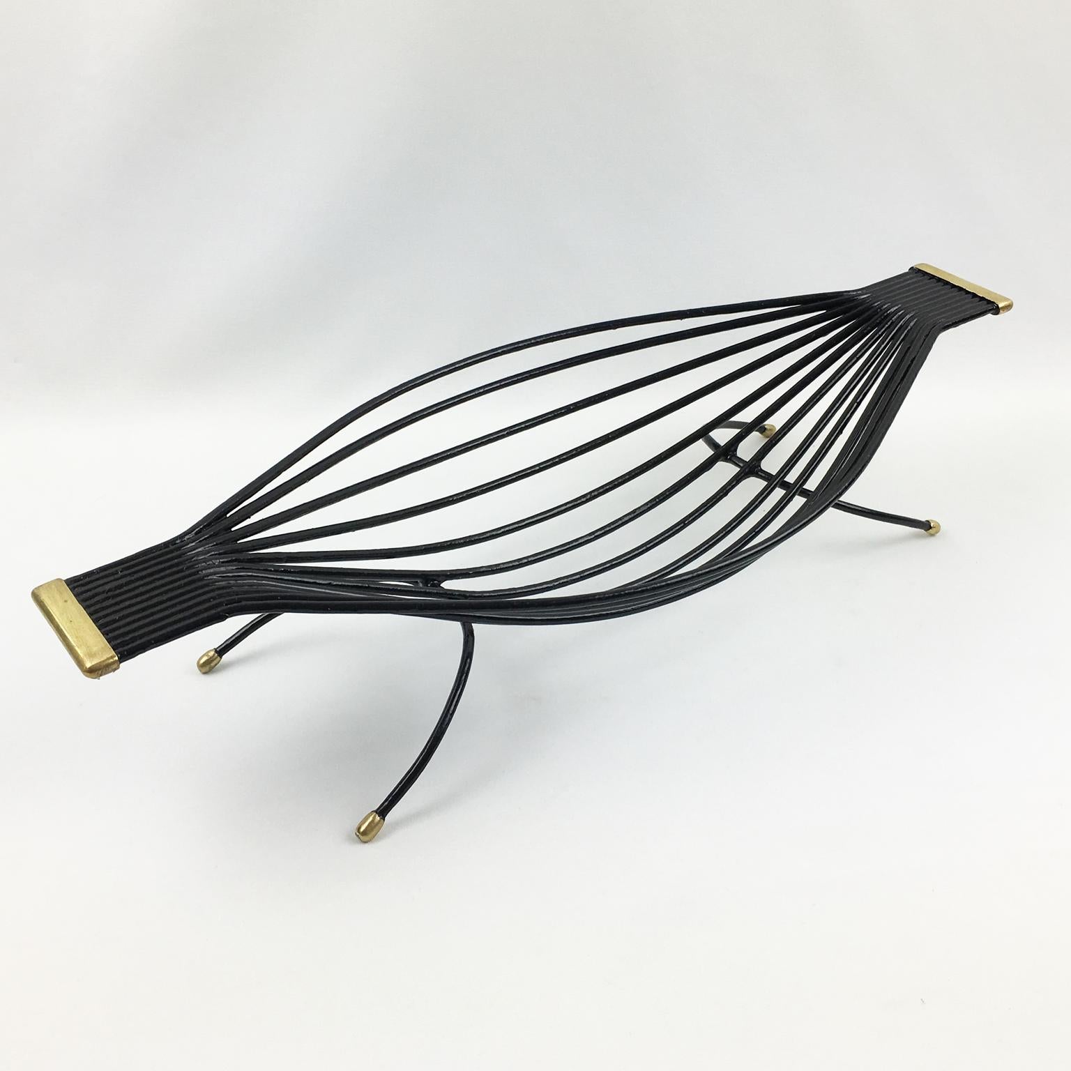 French Mid-Century Black Metal and Brass Zoomorphic Centerpiece Basket, 1960s For Sale