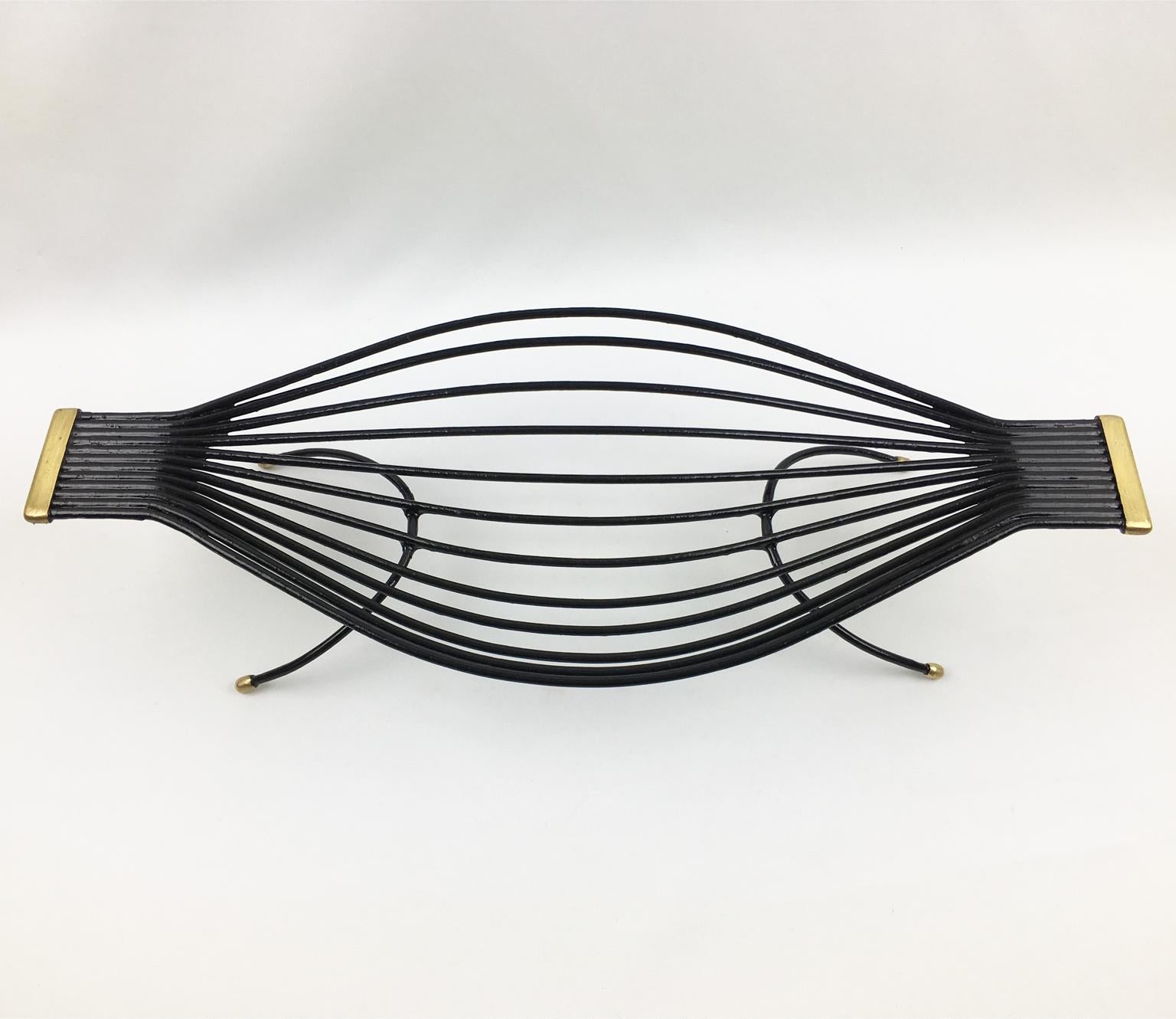 French Mid-Century Black Metal and Brass Zoomorphic Centerpiece Basket, 1960s For Sale