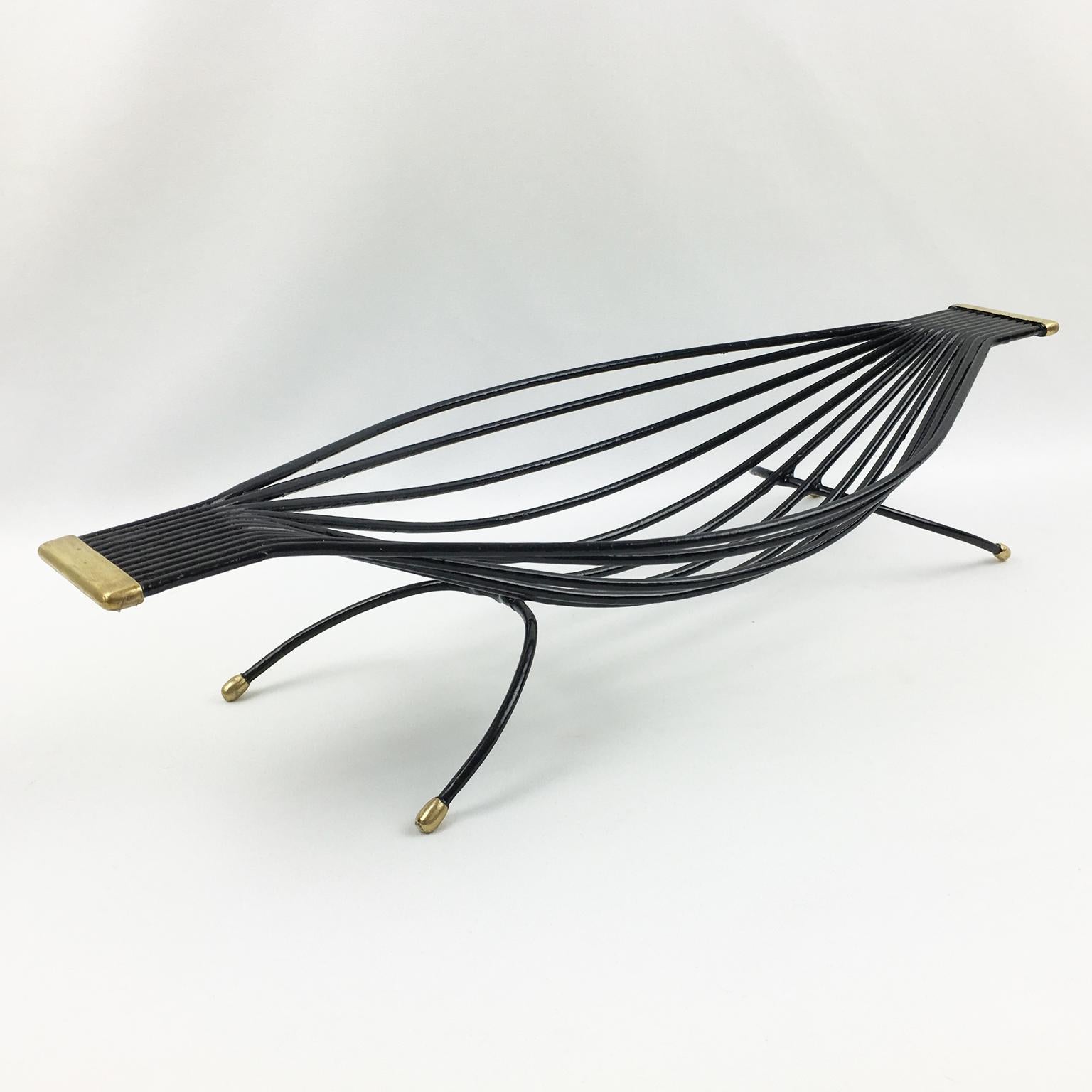 Mid-20th Century Mid-Century Black Metal and Brass Zoomorphic Centerpiece Basket, 1960s For Sale