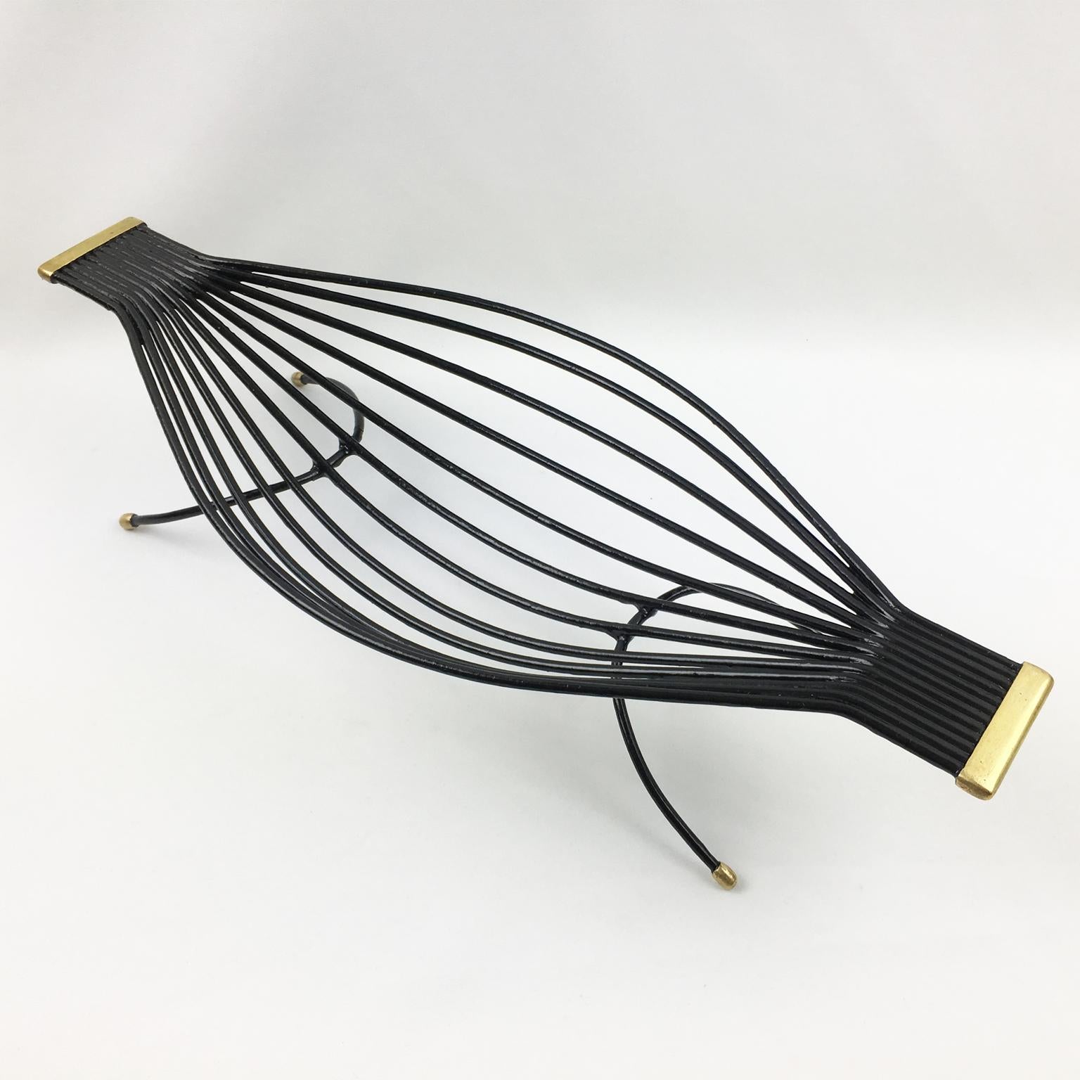 Mid-Century Black Metal and Brass Zoomorphic Centerpiece Basket, 1960s For Sale 1