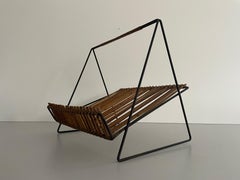 Mid-century Black Metal and Rattan Magazine - Newspaper Stand, 1960s, Italy